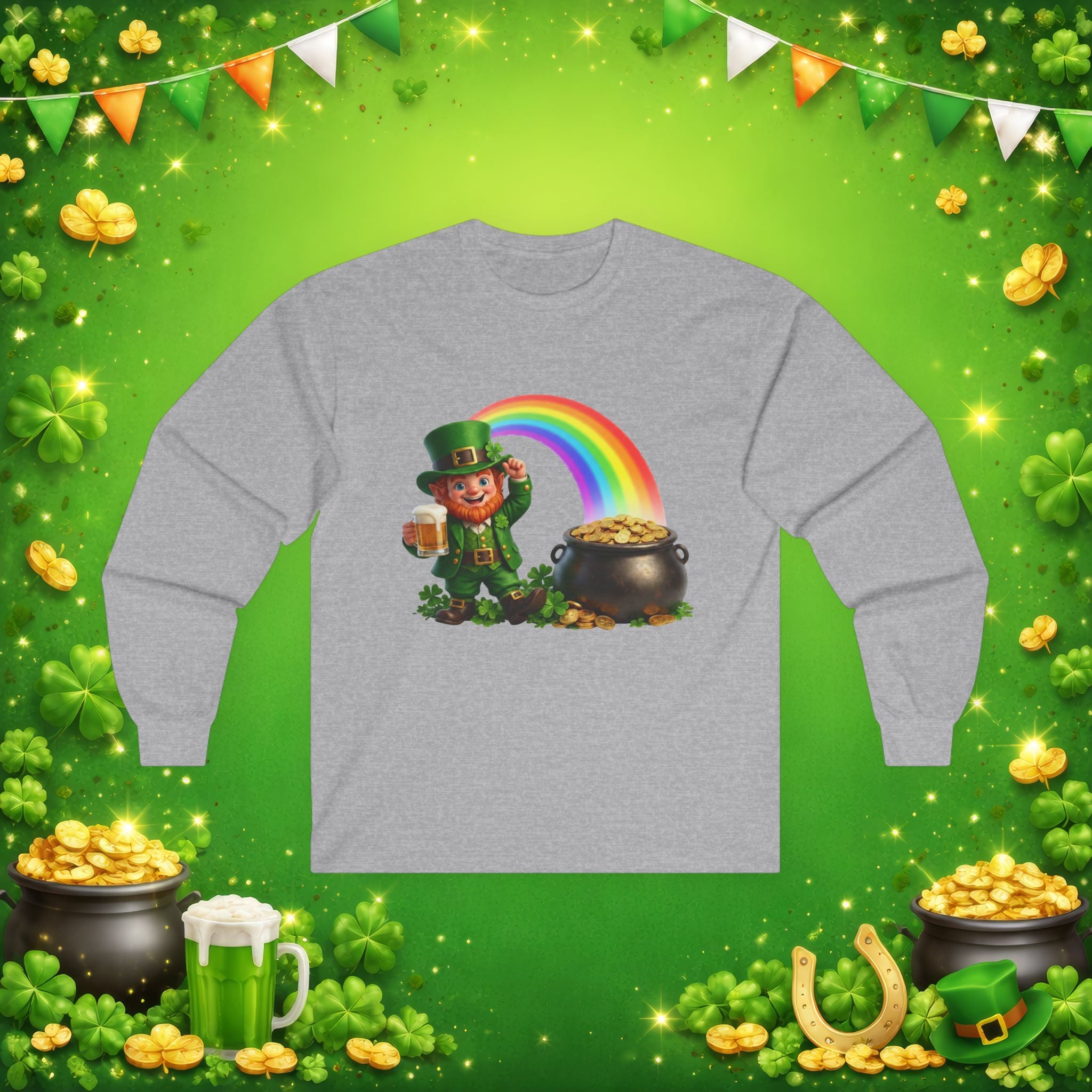 Lucky Leprechaun Rainbow Gold St. Patrick’s Day Long Sleeve T-Shirt | Irish Beer Tee