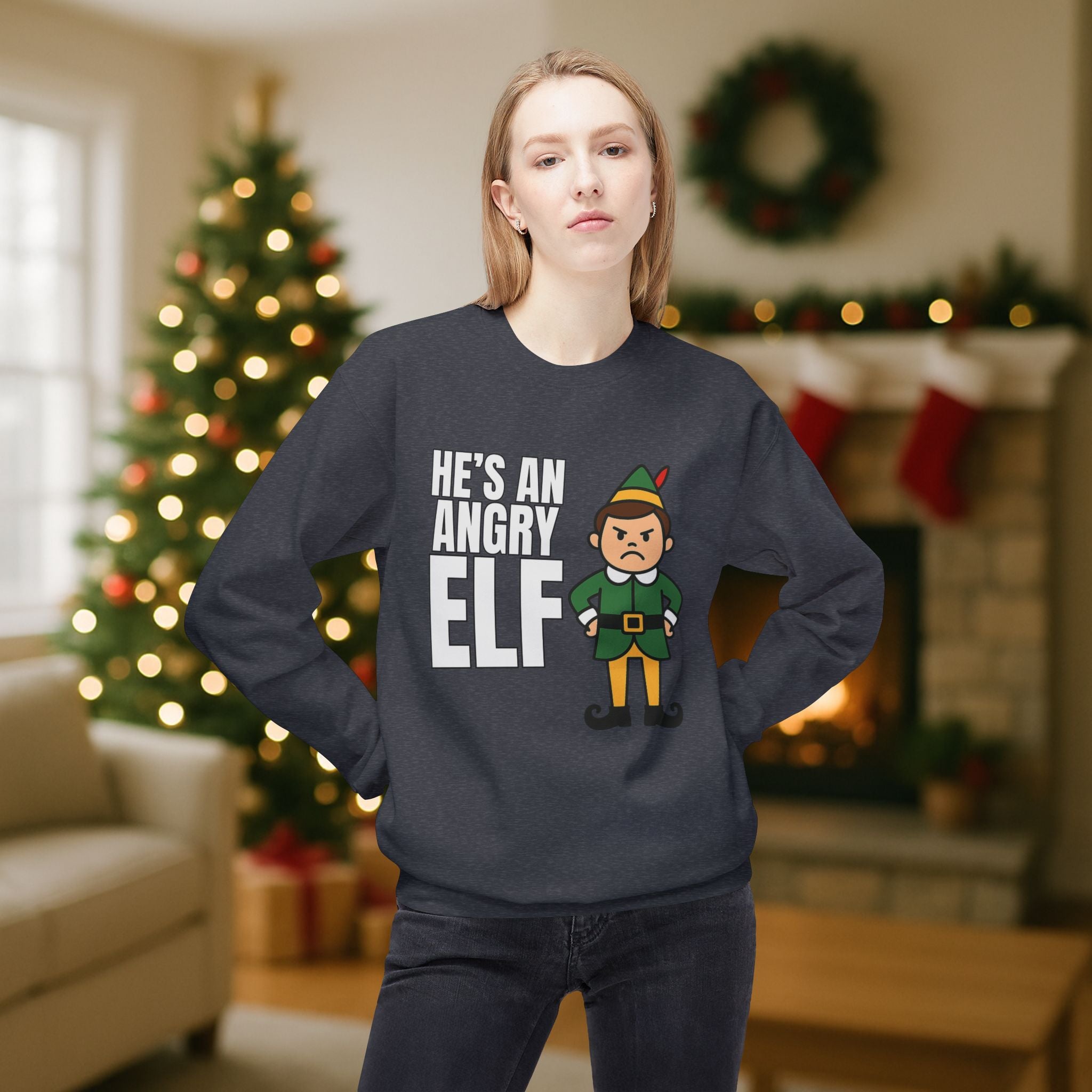 He’s an Angry Elf Christmas Sweatshirt – Funny Holiday Elf Graphic | Festive Unisex Crewneck