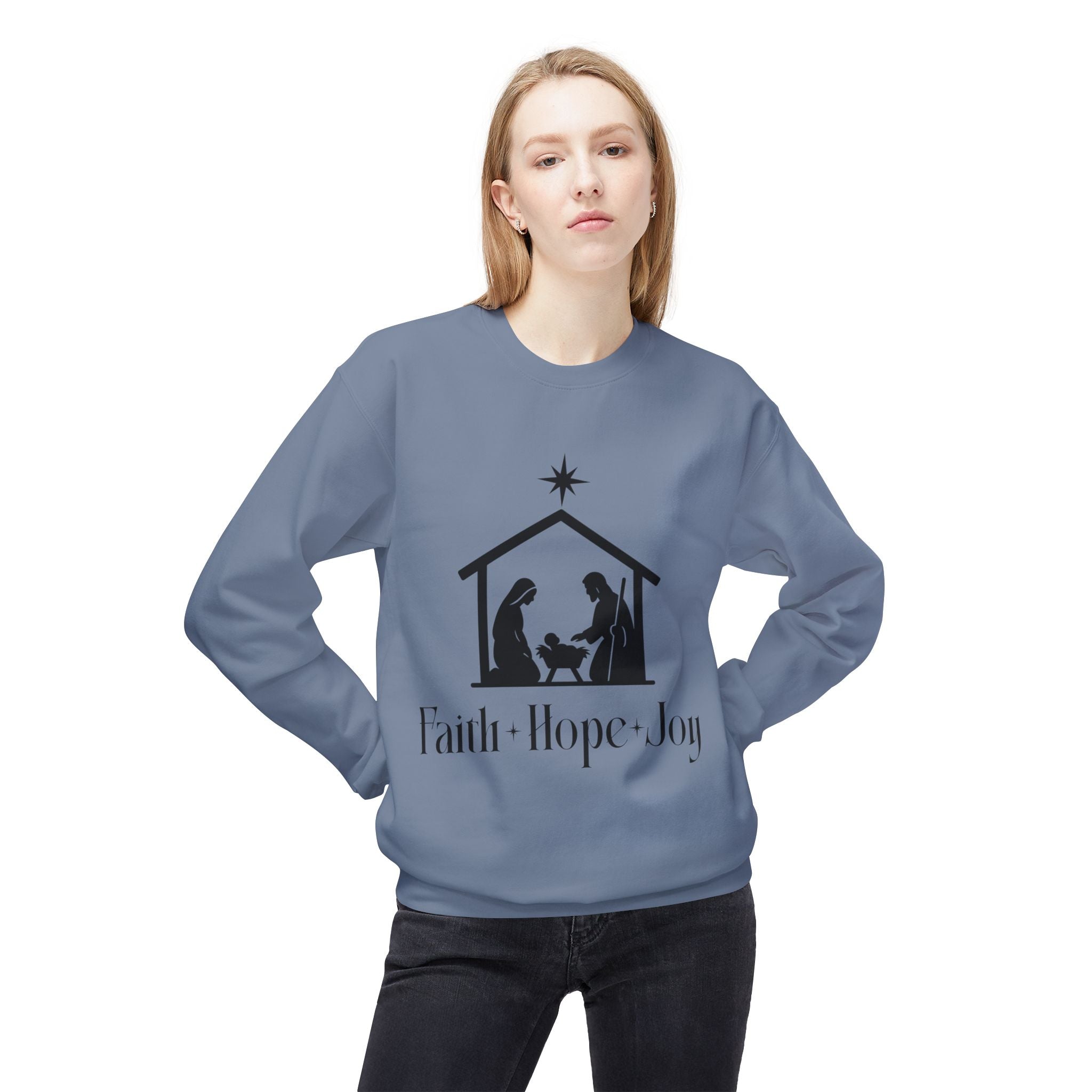 Faith • Hope • Joy Nativity Christmas Sweatshirt – Minimalist Holy Family Design