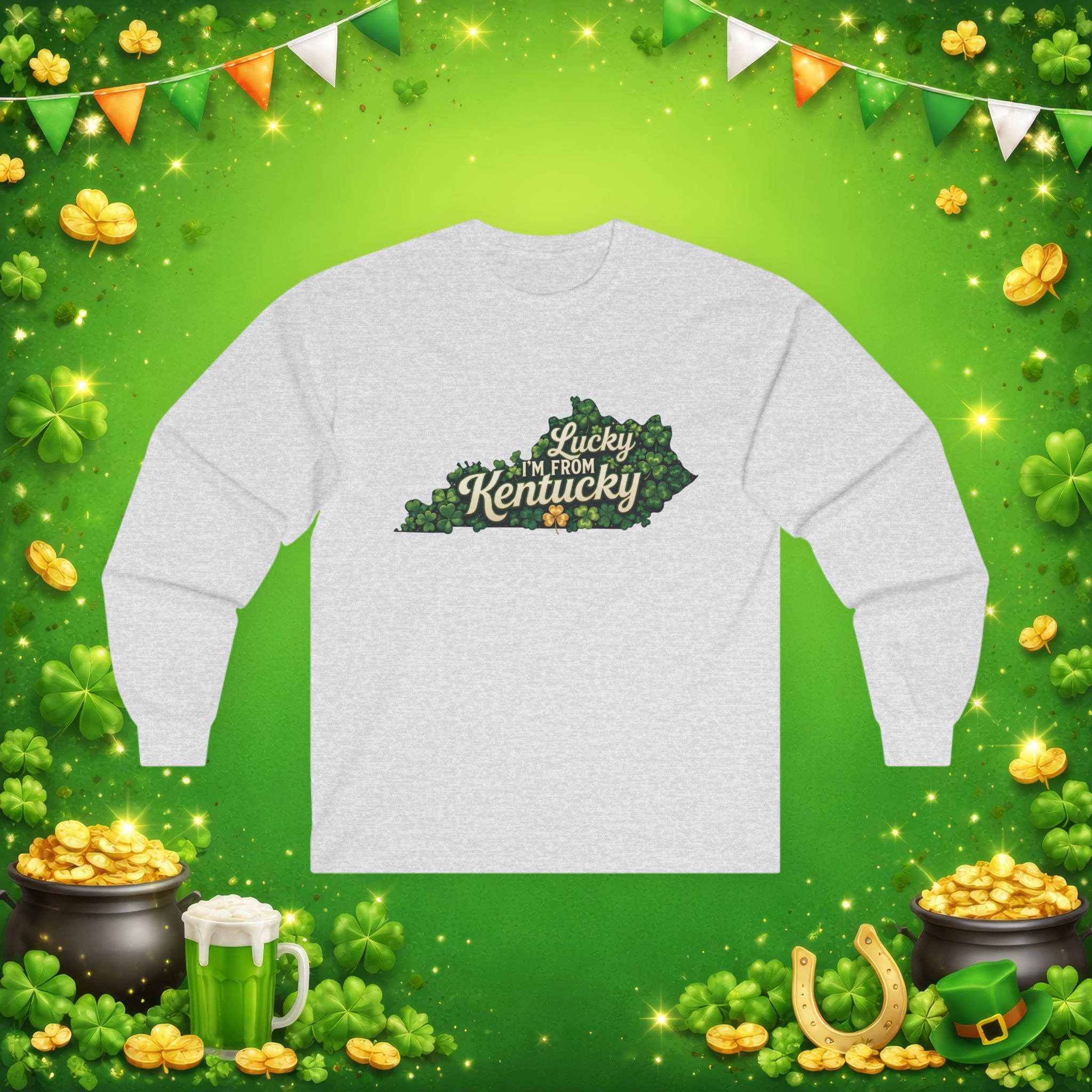 Lucky I’m From Kentucky Long Sleeve Shirt – St. Patrick’s Day Shamrock Kentucky Outline Tee – Irish Bluegrass Pride