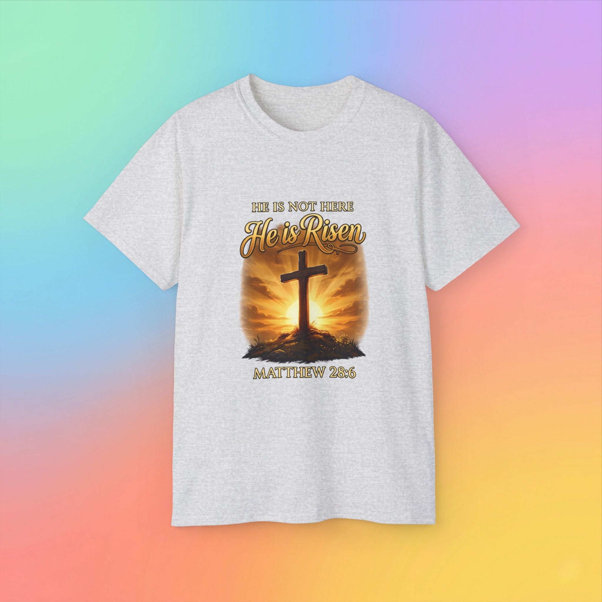Christian Easter Shirt – He Is Risen Matthew 28:6 Cross Resurrection T-Shirt Faith-Based Easter Apparel