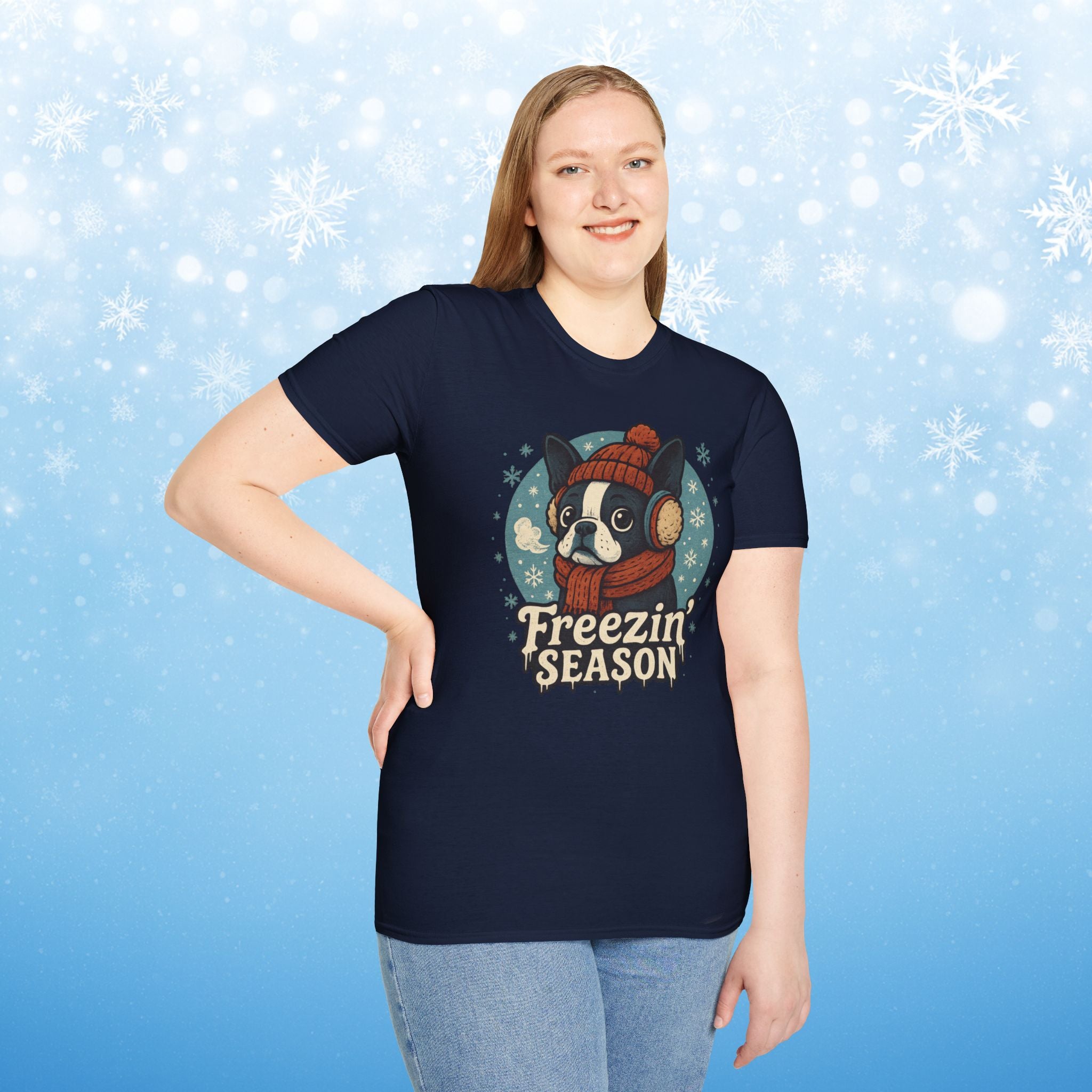 Freezin’ Season Boston Terrier Winter T-Shirt – Cute Dog Lover Tee, Cozy Holiday Graphic Shirt