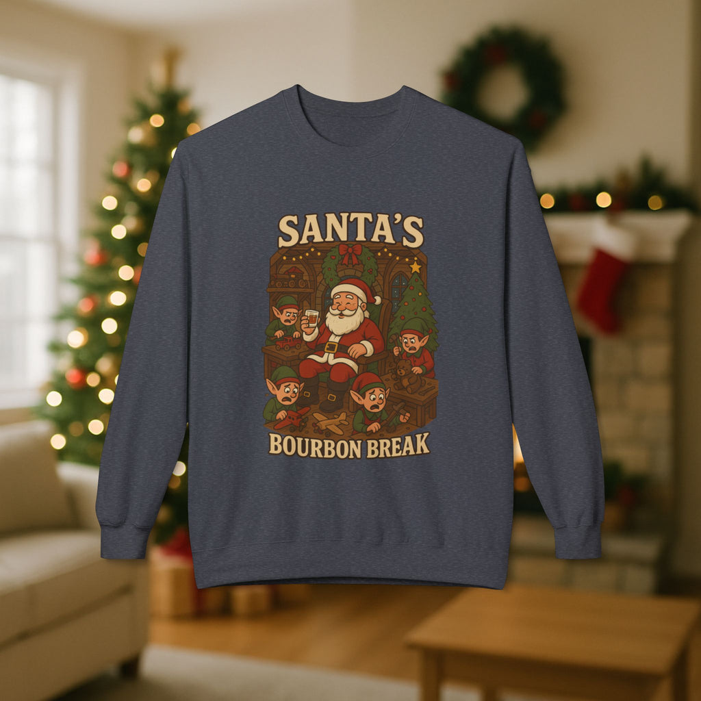 Santa’s Bourbon Break Christmas Sweatshirt – Funny Bourbon Lover Holiday Crewneck for Kentucky Bourbon Fans & Festive Christmas Gift