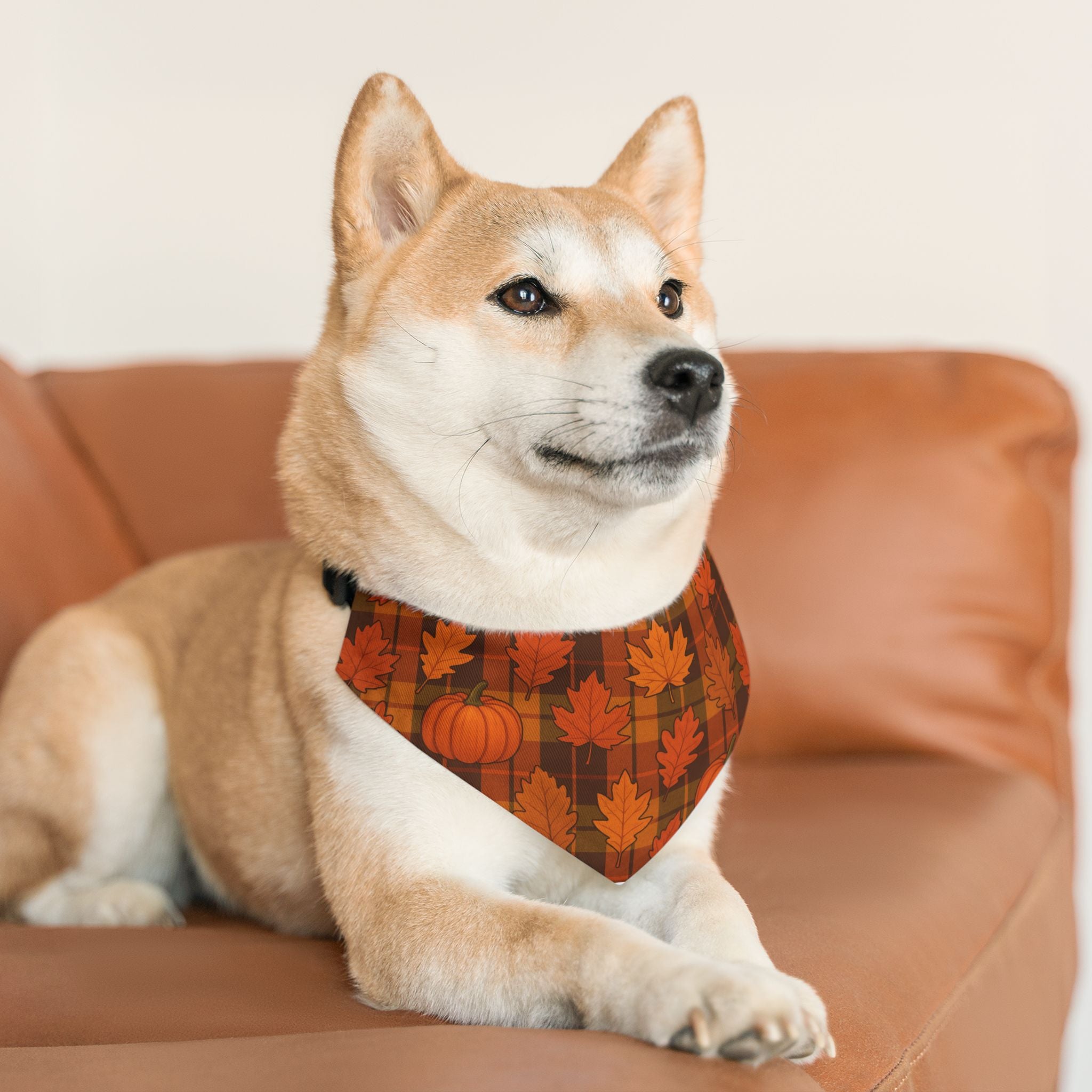 Autumn Leaves & Pumpkins Plaid Pet Bandana | Fall Dog Accessory (Multiple Sizes)