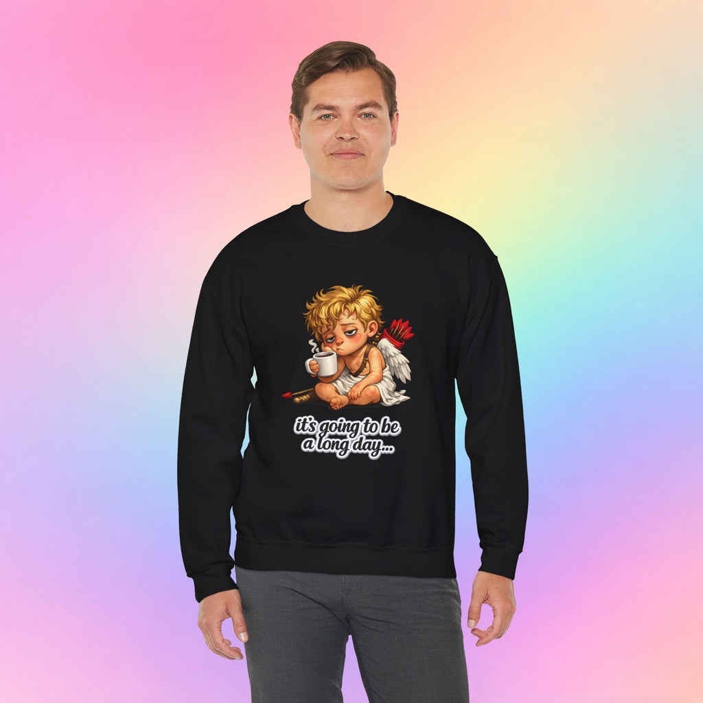 It’s Going to Be a Long Day Cupid Valentine’s Day Sweatshirt – Funny Coffee Angel Pullover