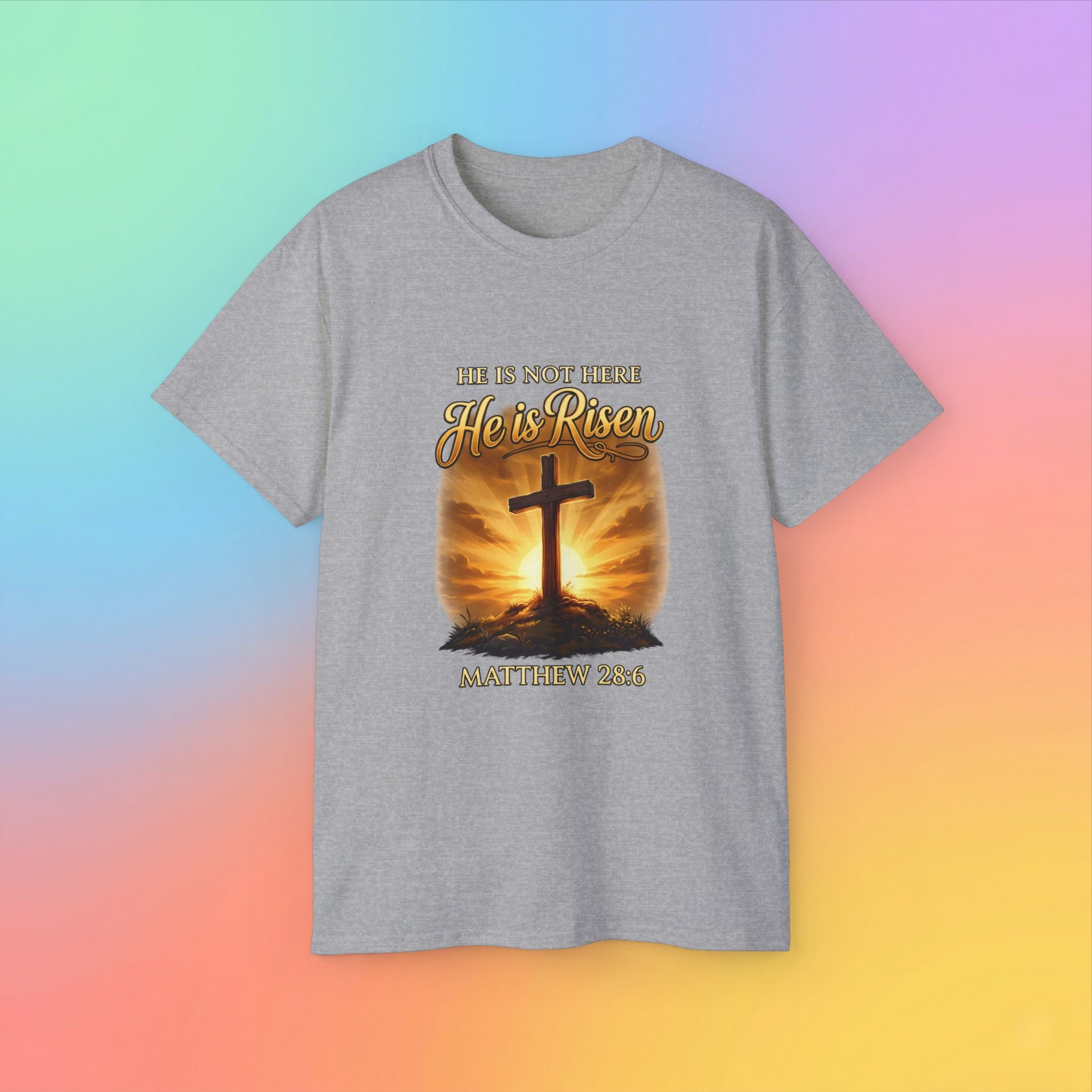 Christian Easter Shirt – He Is Risen Matthew 28:6 Cross Resurrection T-Shirt Faith-Based Easter Apparel