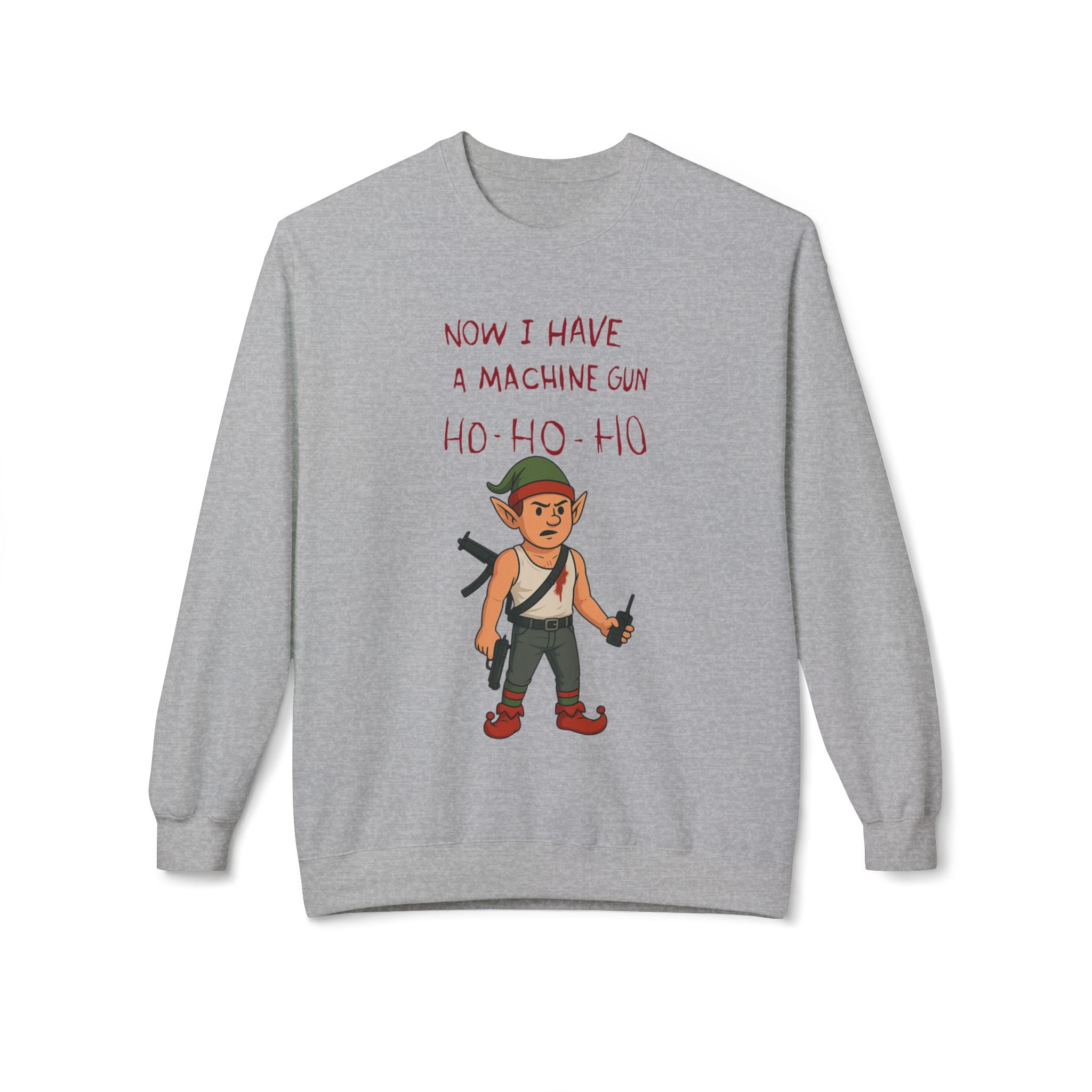 "Ho Ho Ho Machine Gun Elf Christmas Sweatshirt – Funny Die Hard Inspired Holiday Design"