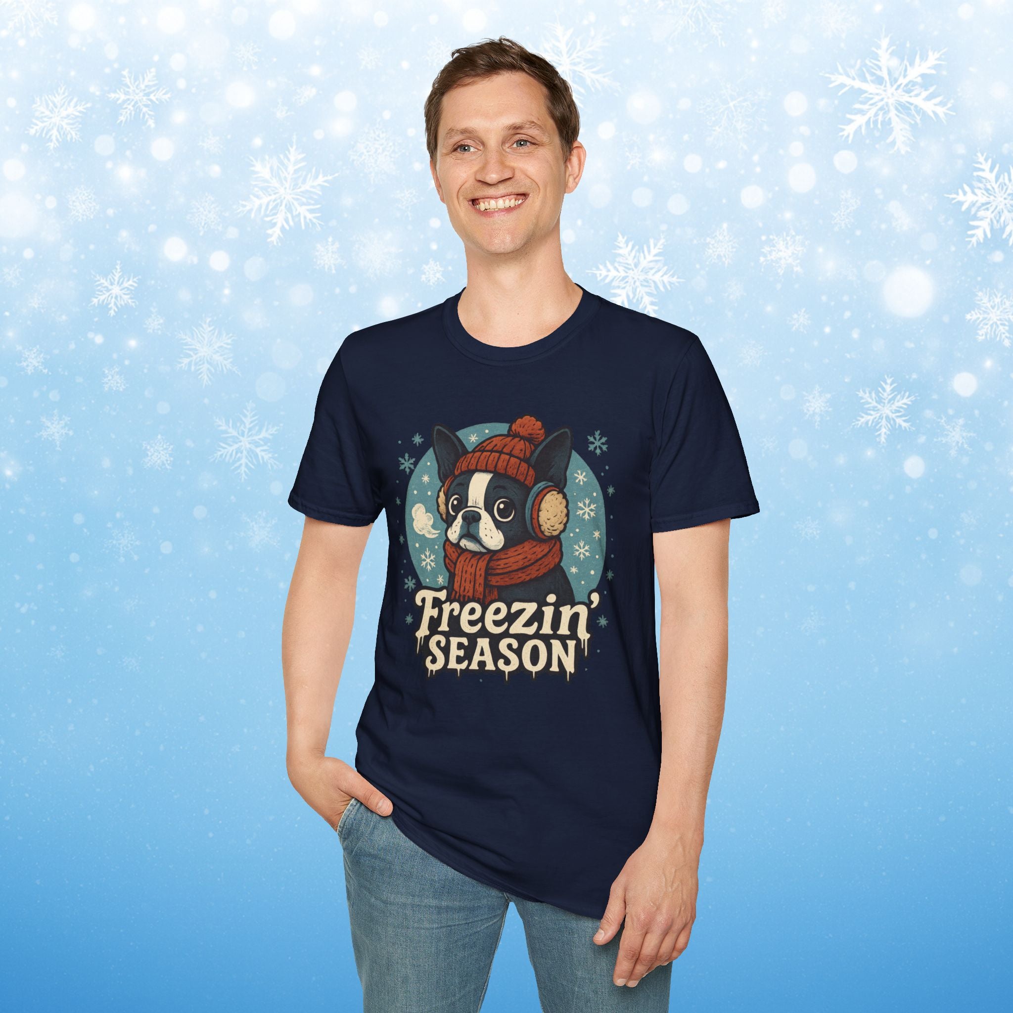 Freezin’ Season Boston Terrier Winter T-Shirt – Cute Dog Lover Tee, Cozy Holiday Graphic Shirt