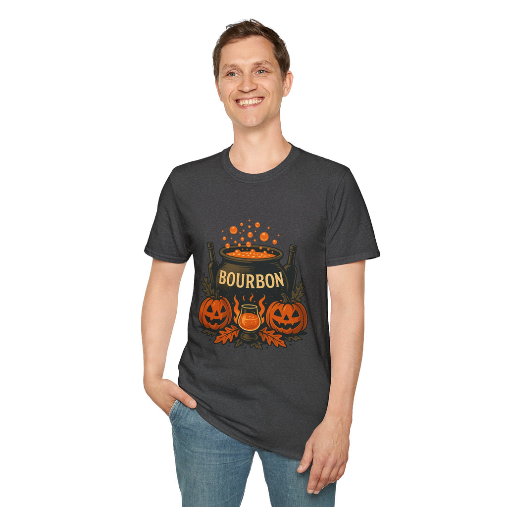 Halloween Bourbon Cauldron T-Shirt – Spooky Pumpkin & Whiskey Glass Design
