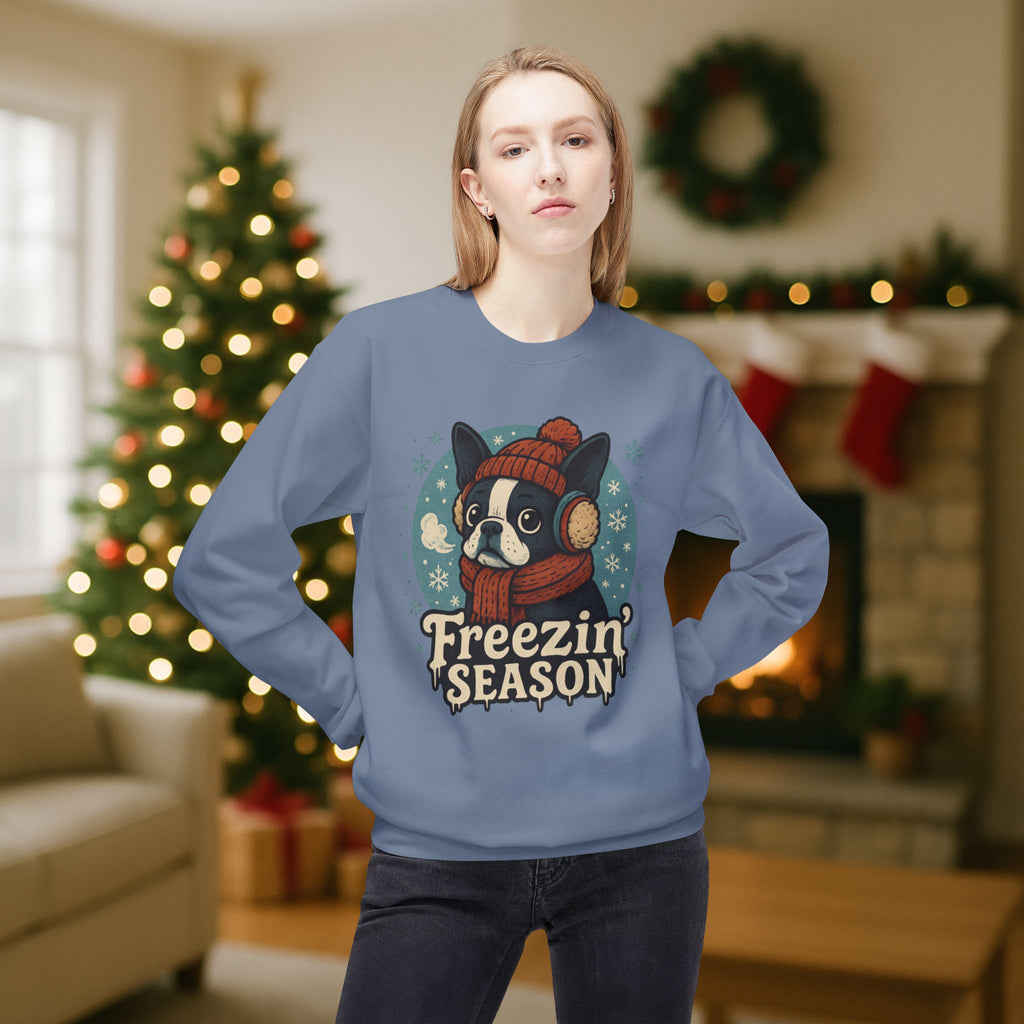 Winter “Freezin’ Season” Boston Terrier Sweatshirt – Cozy Holiday Dog Lover Pullover