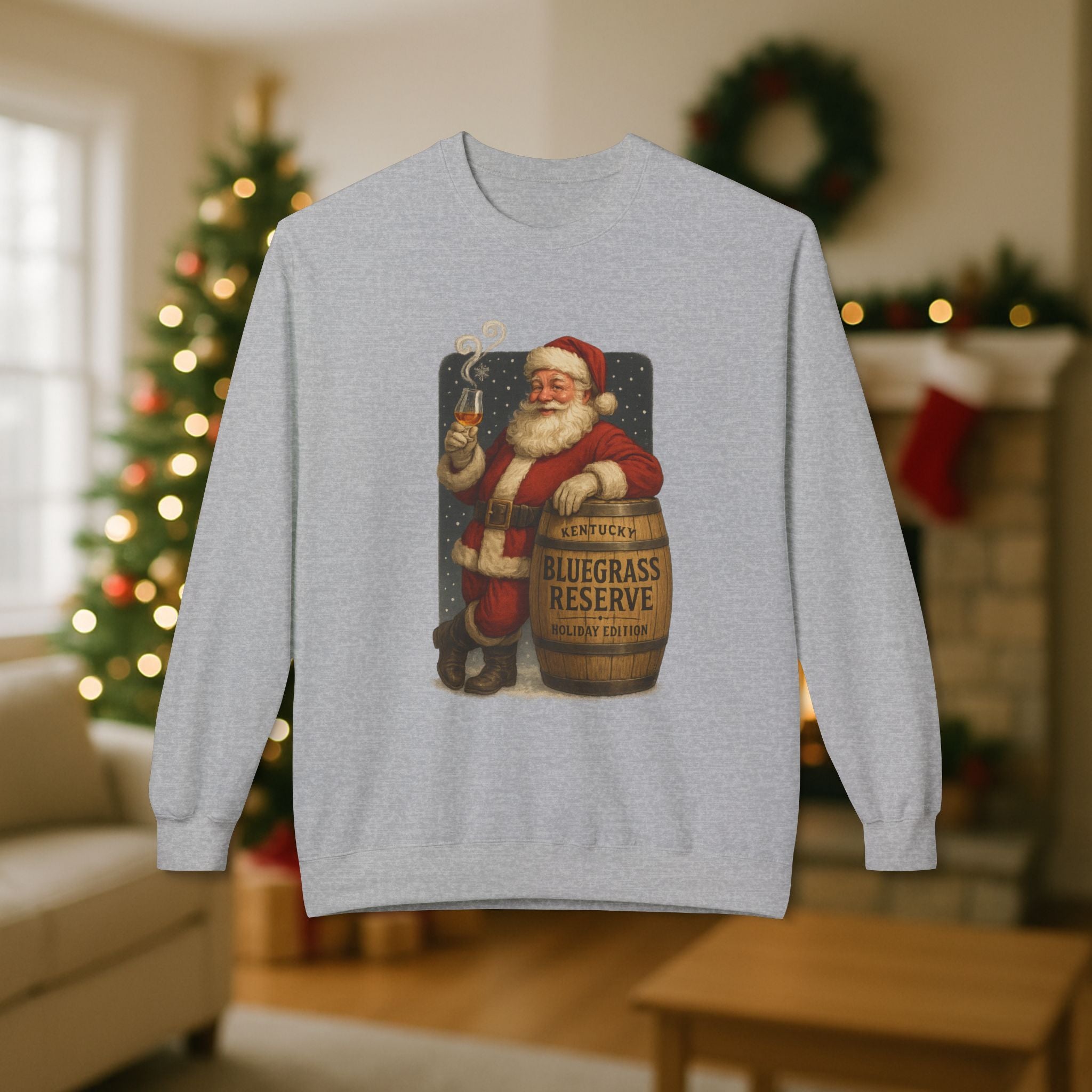 Kentucky “Bluegrass Reserve” Santa Bourbon Christmas Sweatshirt – Vintage Holiday Distillery Graphic