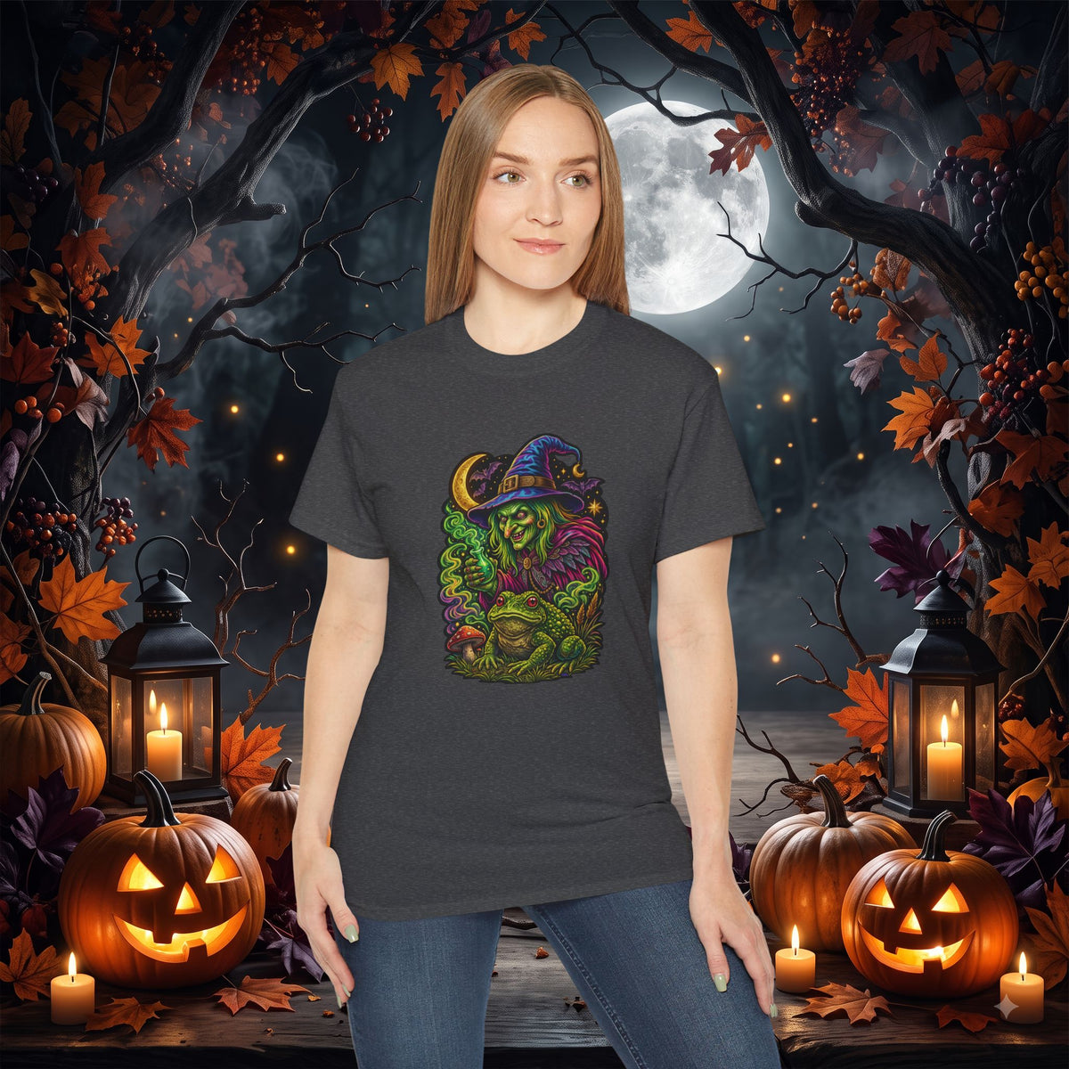 Neon Witch & Toad Halloween T-Shirt | Spooky Witchcraft Tee
