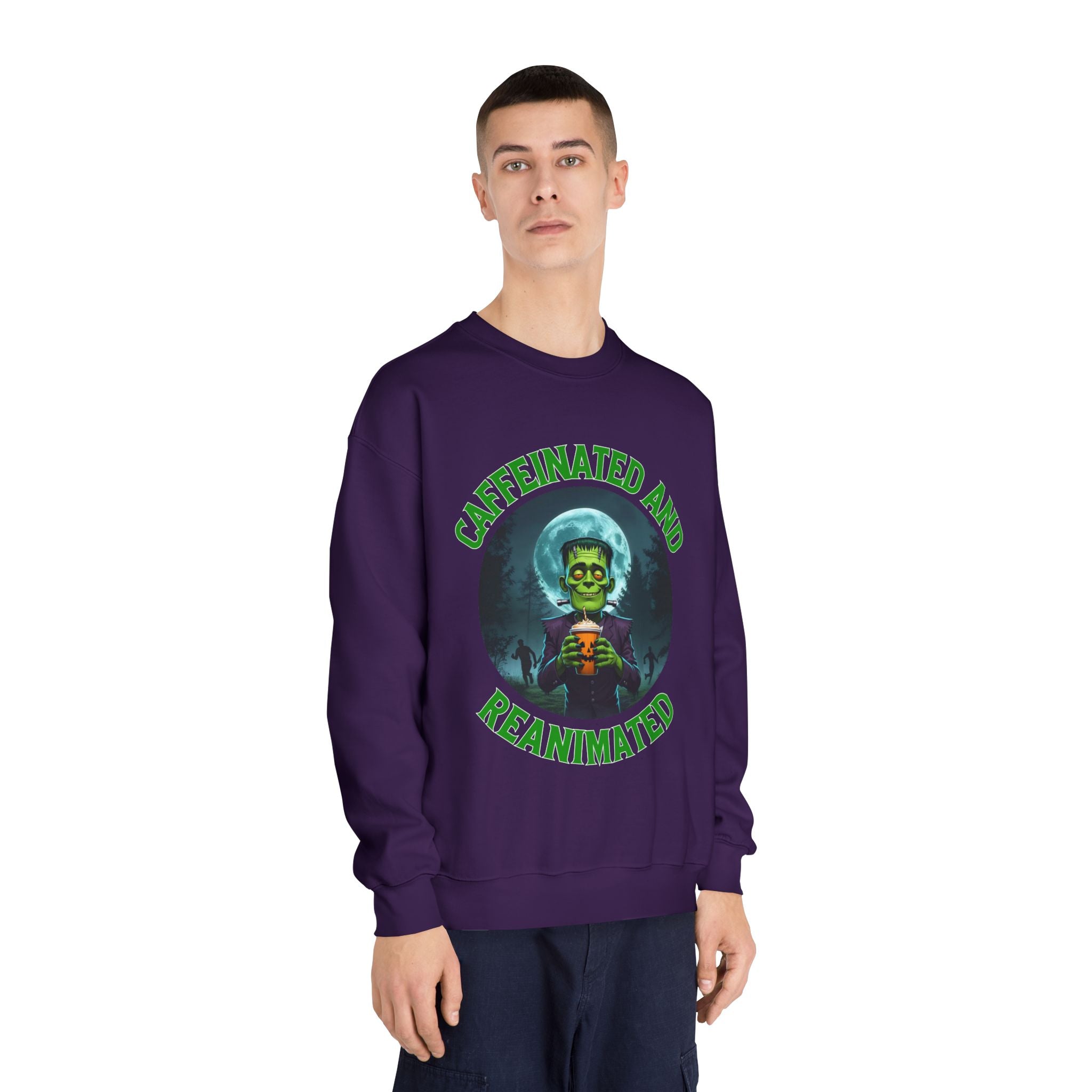 Caffeinated and Reanimated Frankenstein Halloween Sweatshirt (Unisex)
