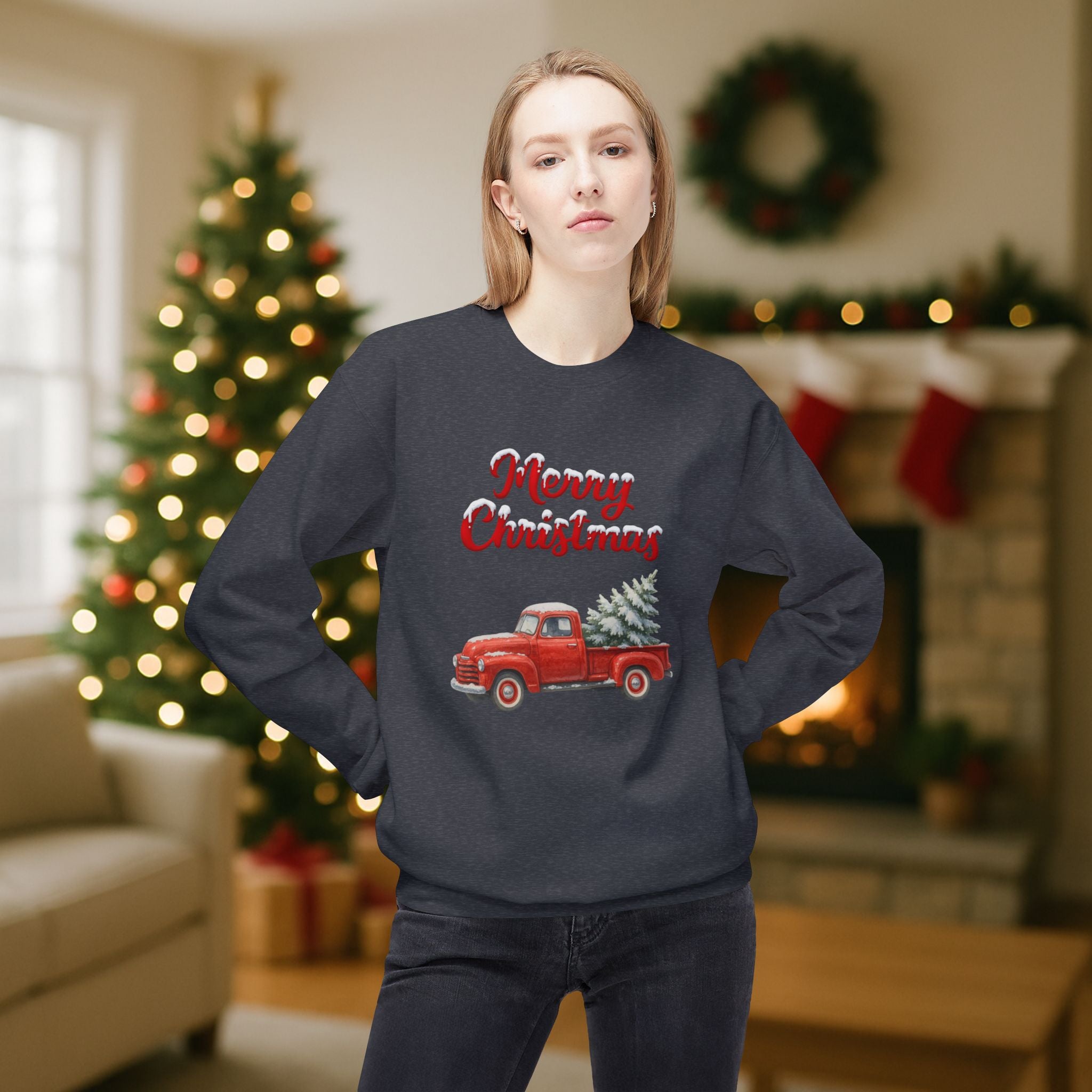 Merry Christmas Red Vintage Truck Sweatshirt – Cozy Holiday Crewneck with Christmas Tree Design
