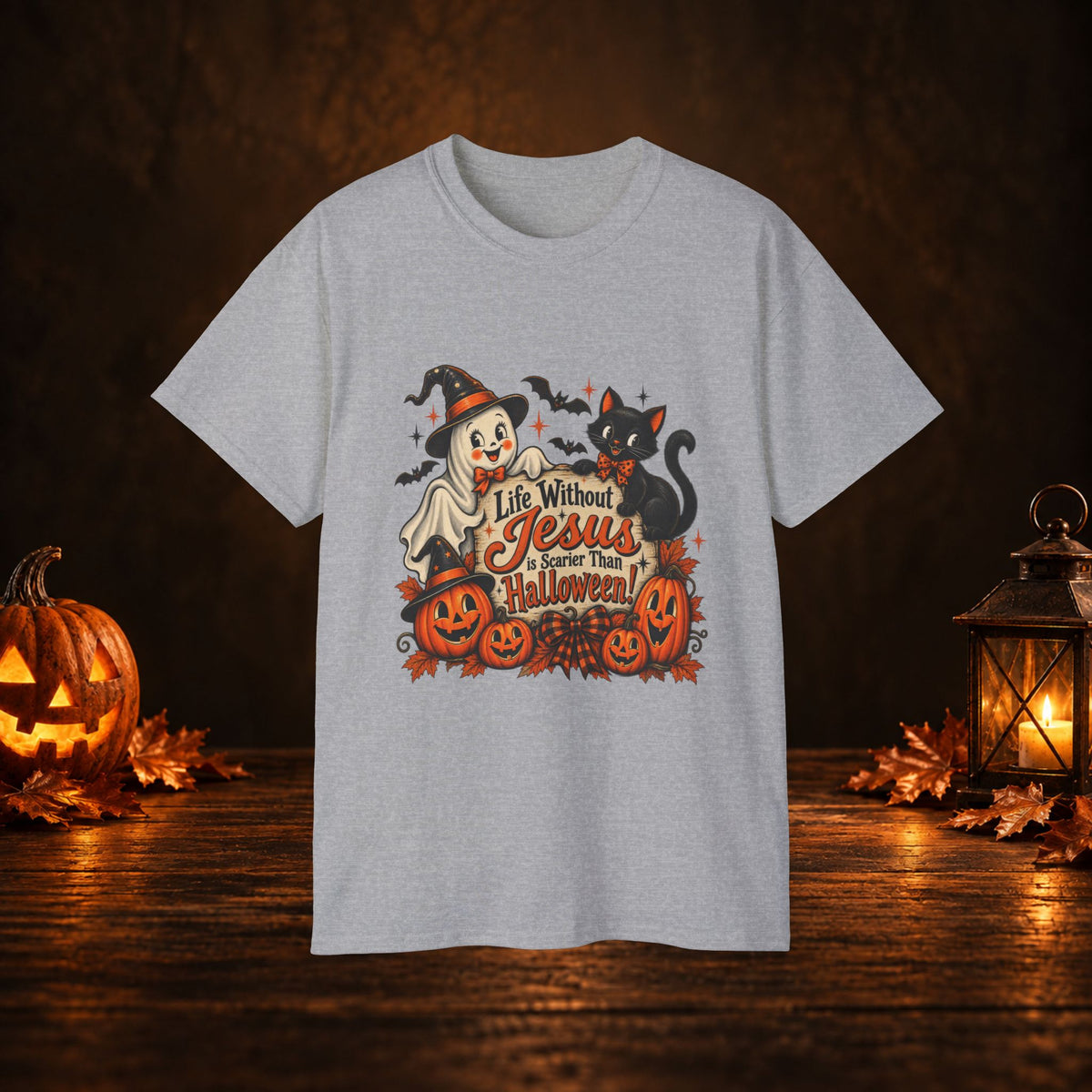 Halloween Christian T-Shirt — “Life Without Jesus Is Scary” Pumpkin & Cat Tee