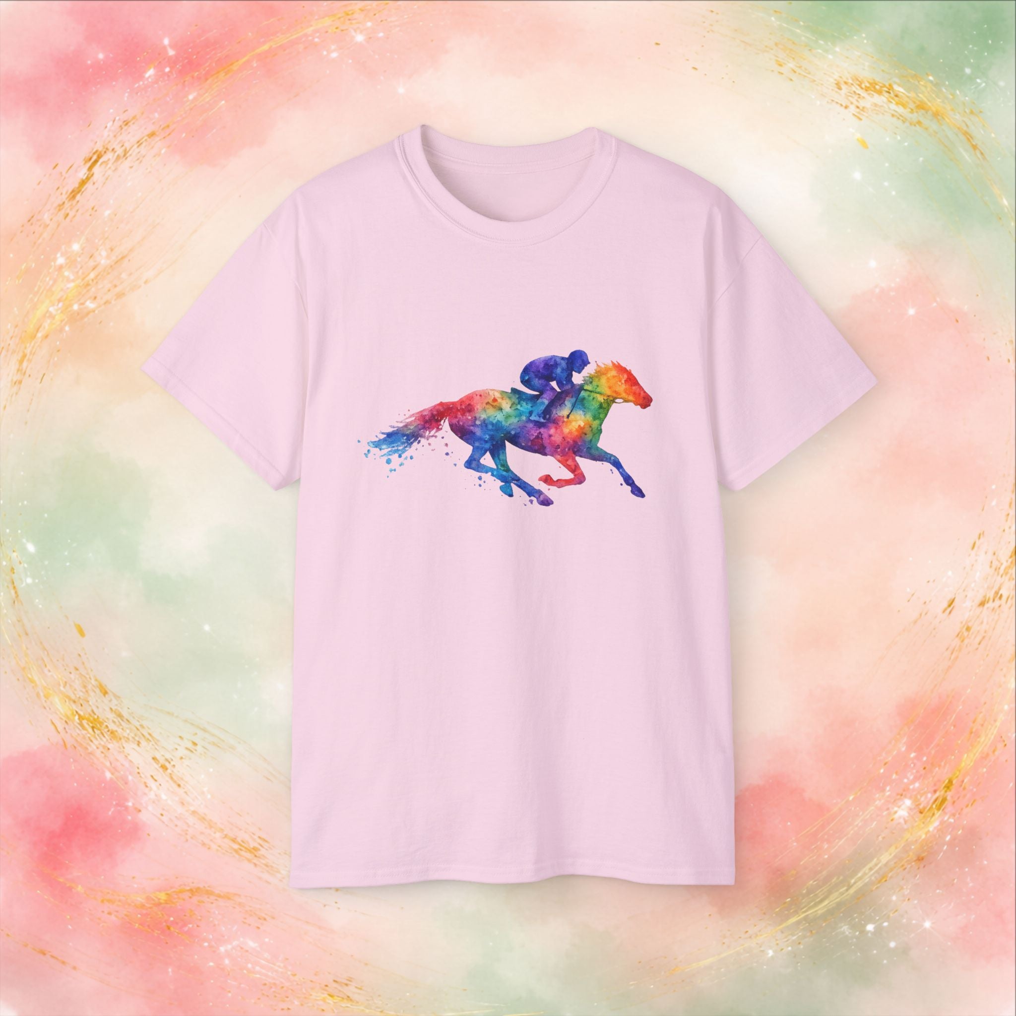 Kentucky Derby Watercolor Horse & Jockey T-Shirt | Colorful Race Day Graphic Tee