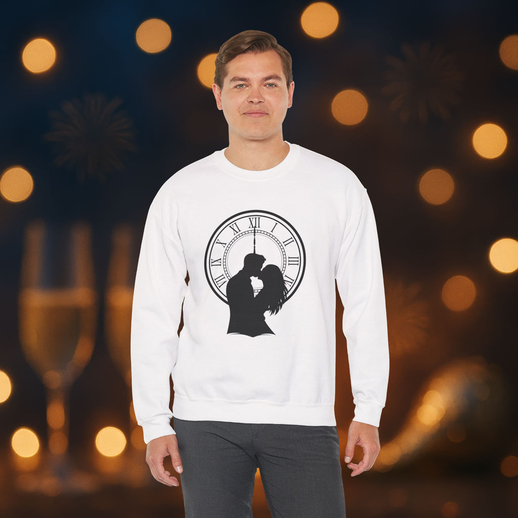 Midnight Kiss New Year’s Eve Sweatshirt – Romantic Clock Silhouette Celebration Crewneck