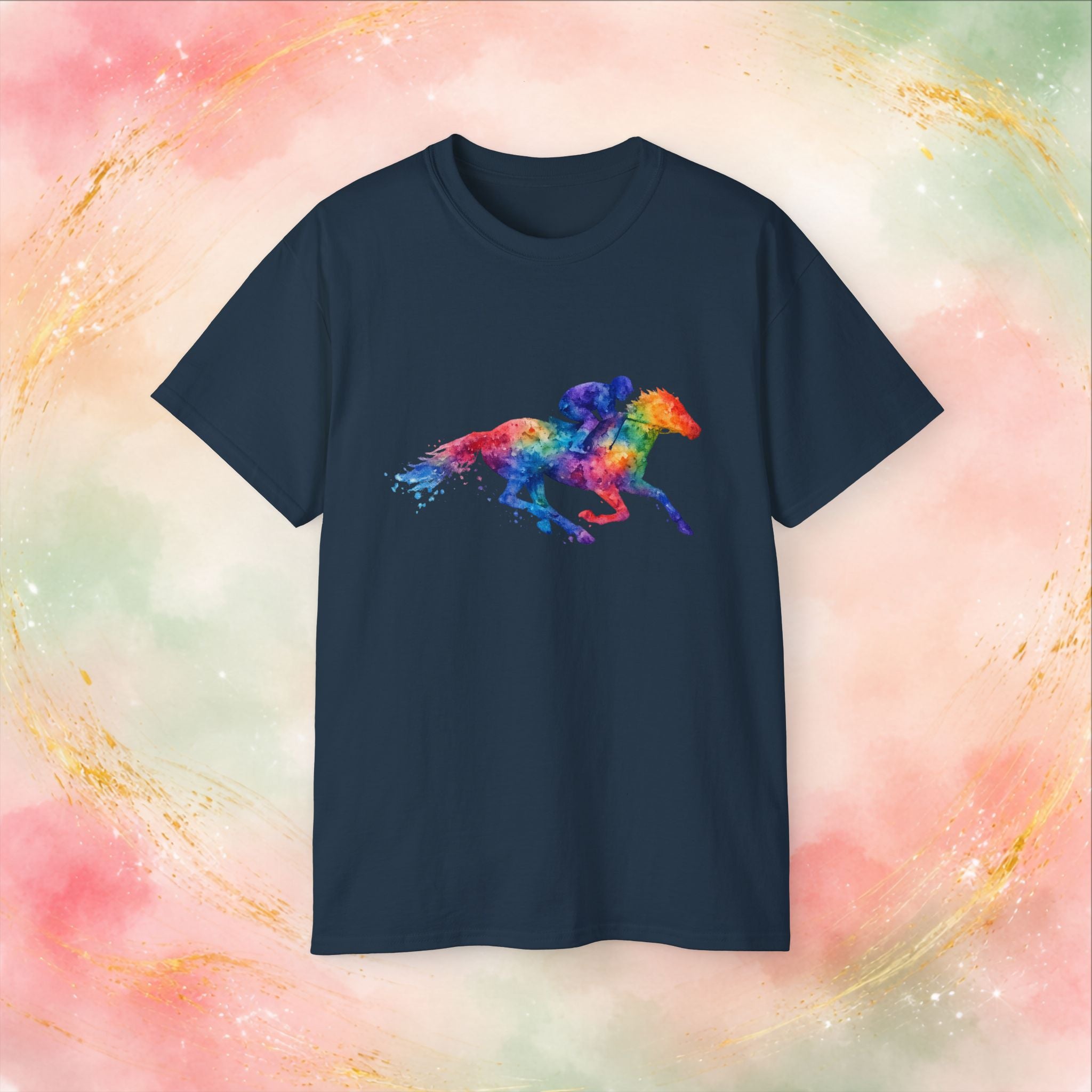 Kentucky Derby Watercolor Horse & Jockey T-Shirt | Colorful Race Day Graphic Tee