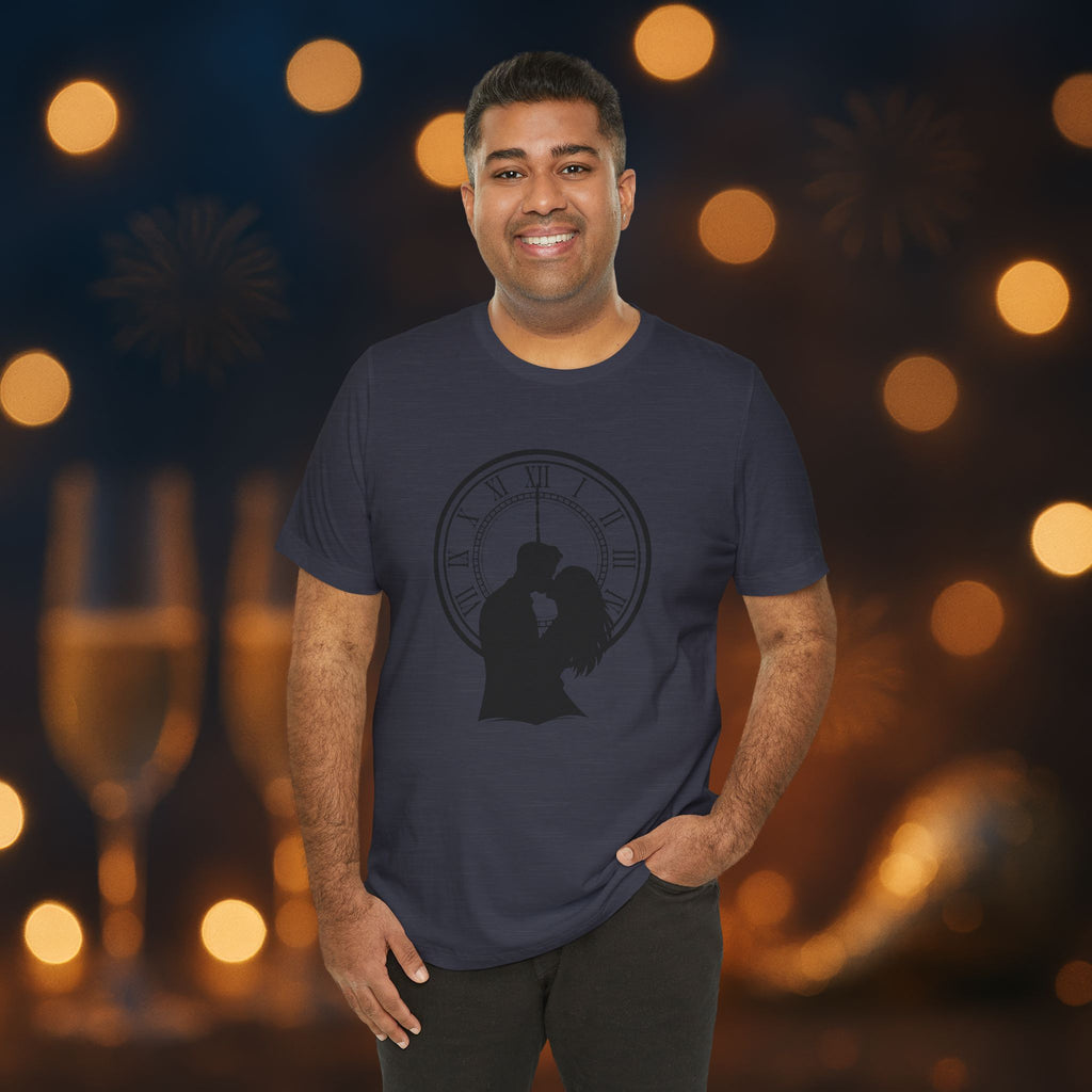 Midnight Kiss New Year’s Eve T-Shirt – Romantic Clock Silhouette Celebration Tee