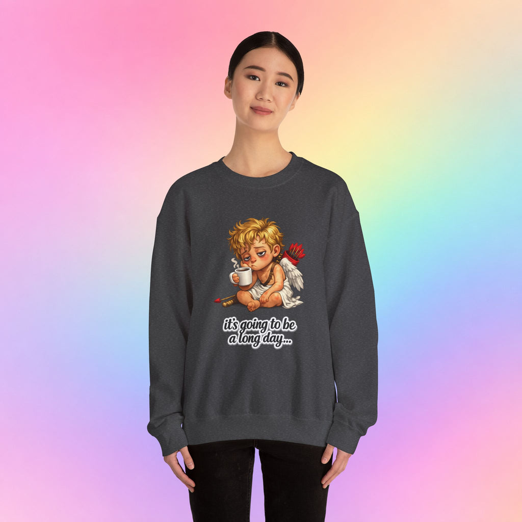It’s Going to Be a Long Day Cupid Valentine’s Day Sweatshirt – Funny Coffee Angel Pullover