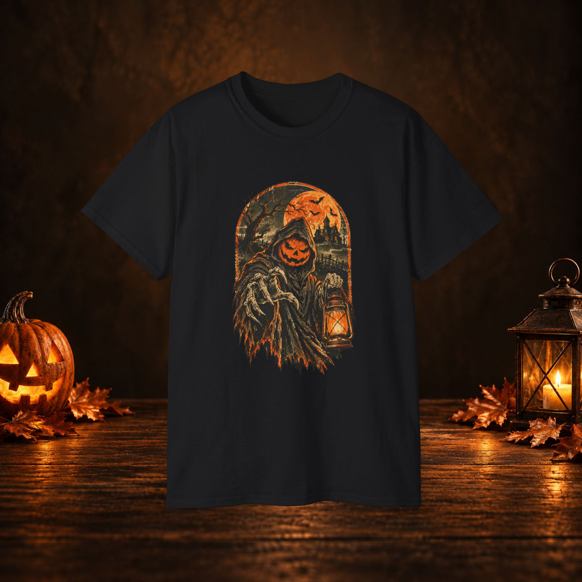 Halloween Pumpkin Scarecrow Tee — Spooky Lantern Jack-O'-Lantern Graphic Shirt