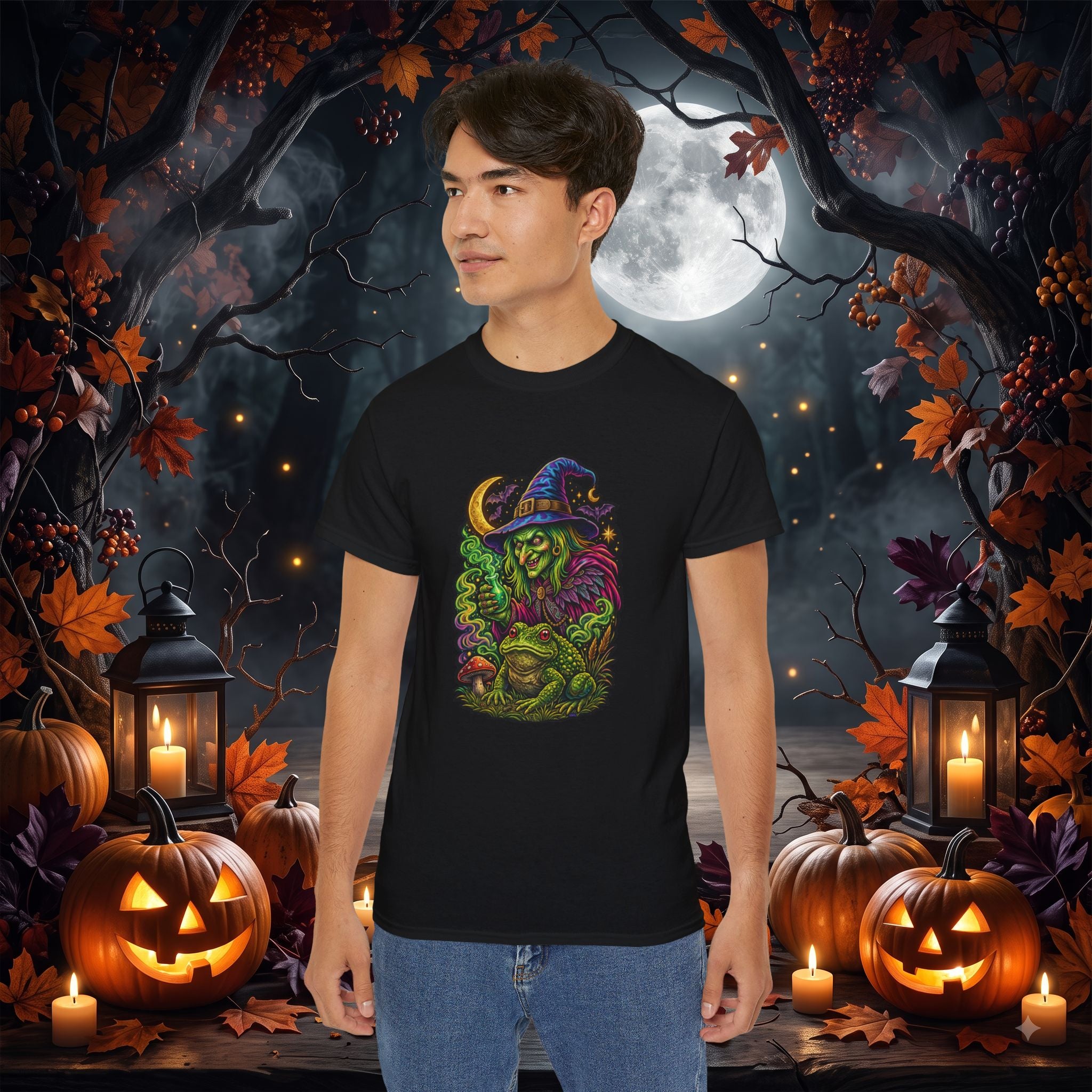 Neon Witch & Toad Halloween T-Shirt | Spooky Witchcraft Tee