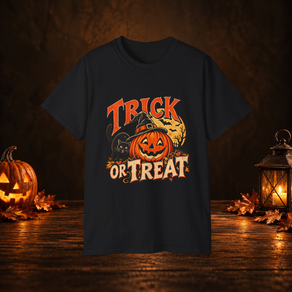 Trick or Treat Halloween T-Shirt – Pumpkin, Black Cat & Full Moon Tee