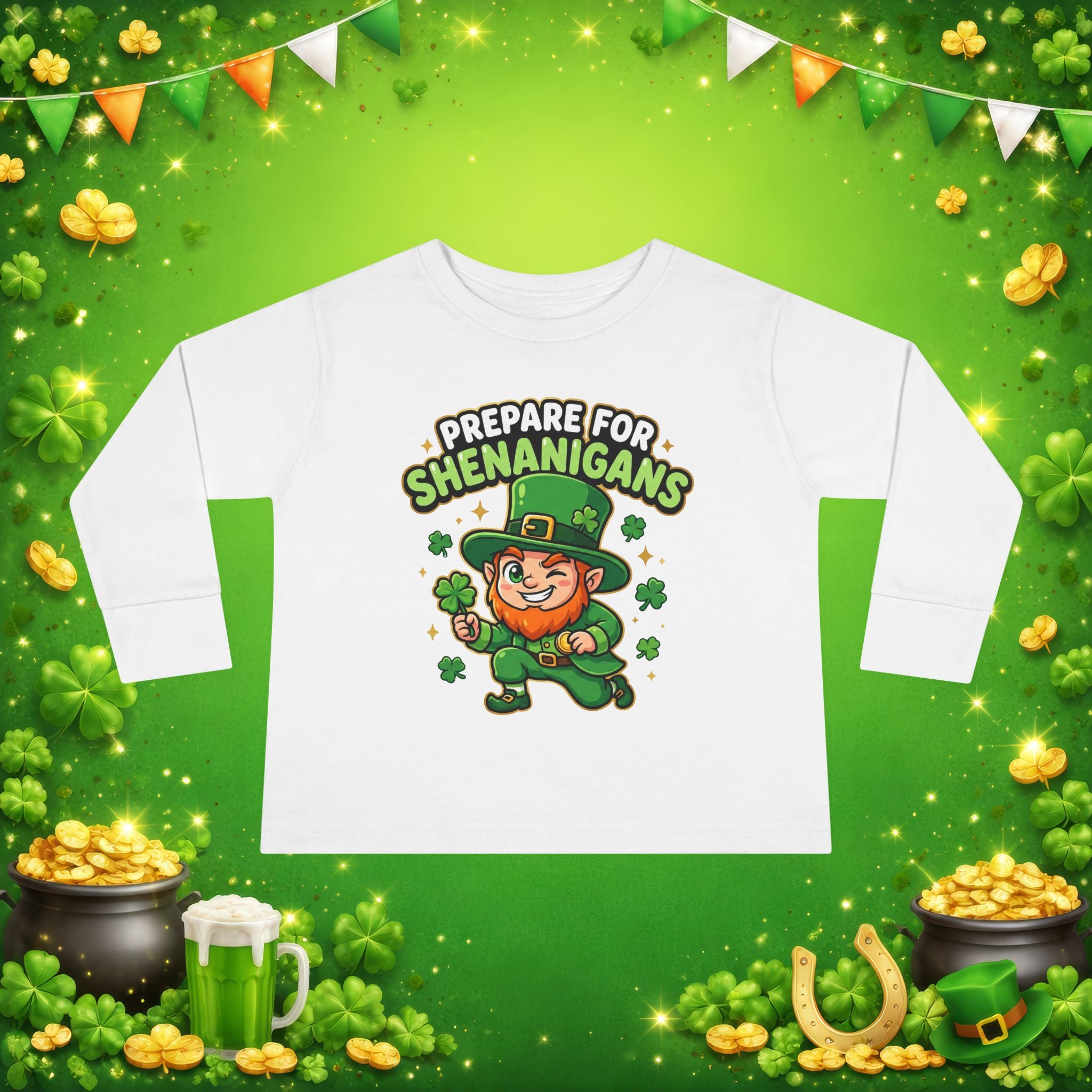 Prepare For Shenanigans Toddler Long Sleeve Shirt – Funny St. Patrick’s Day Leprechaun Tee for Kids