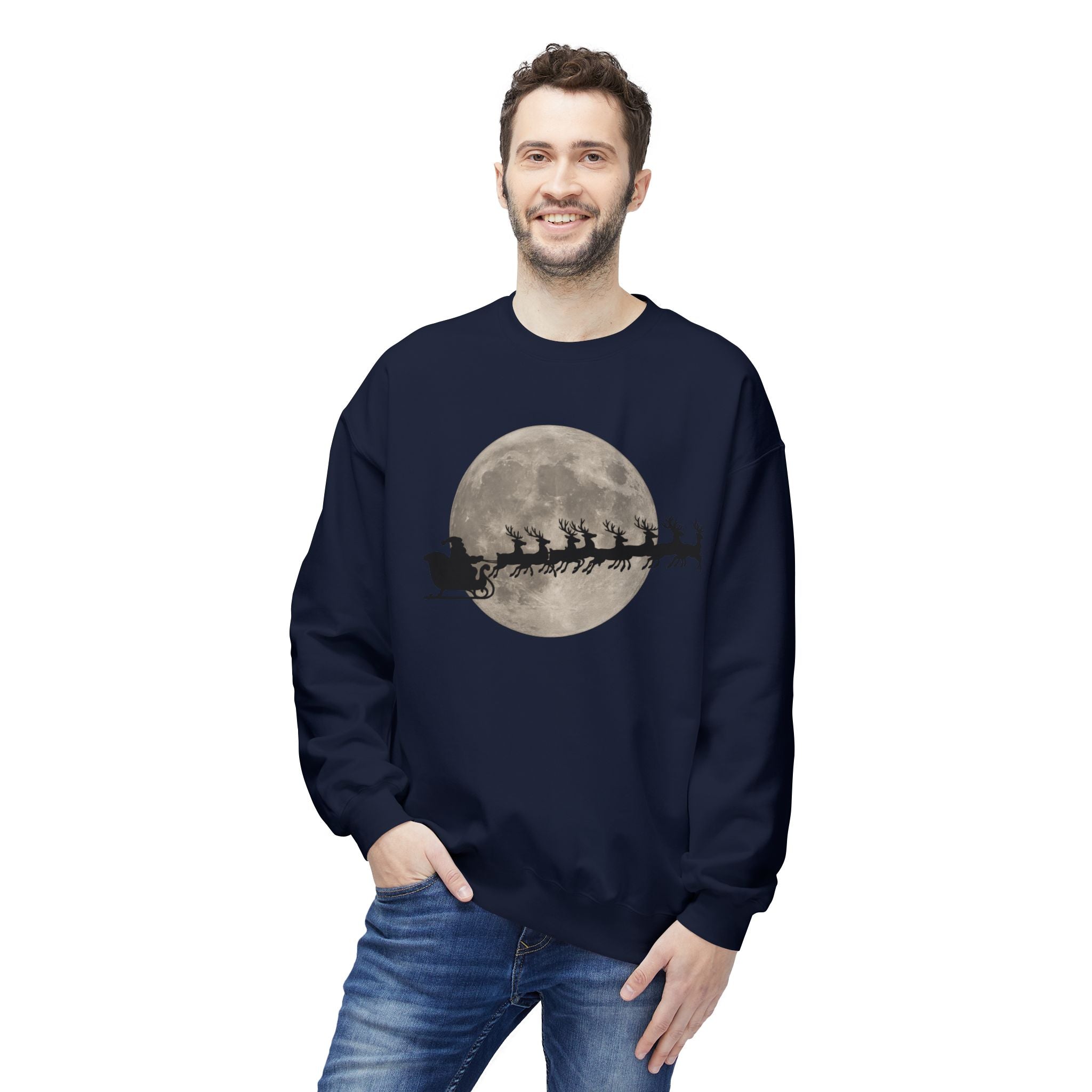 Silent Night Flight — Santa and Reindeer Full Moon Christmas Sweatshirt