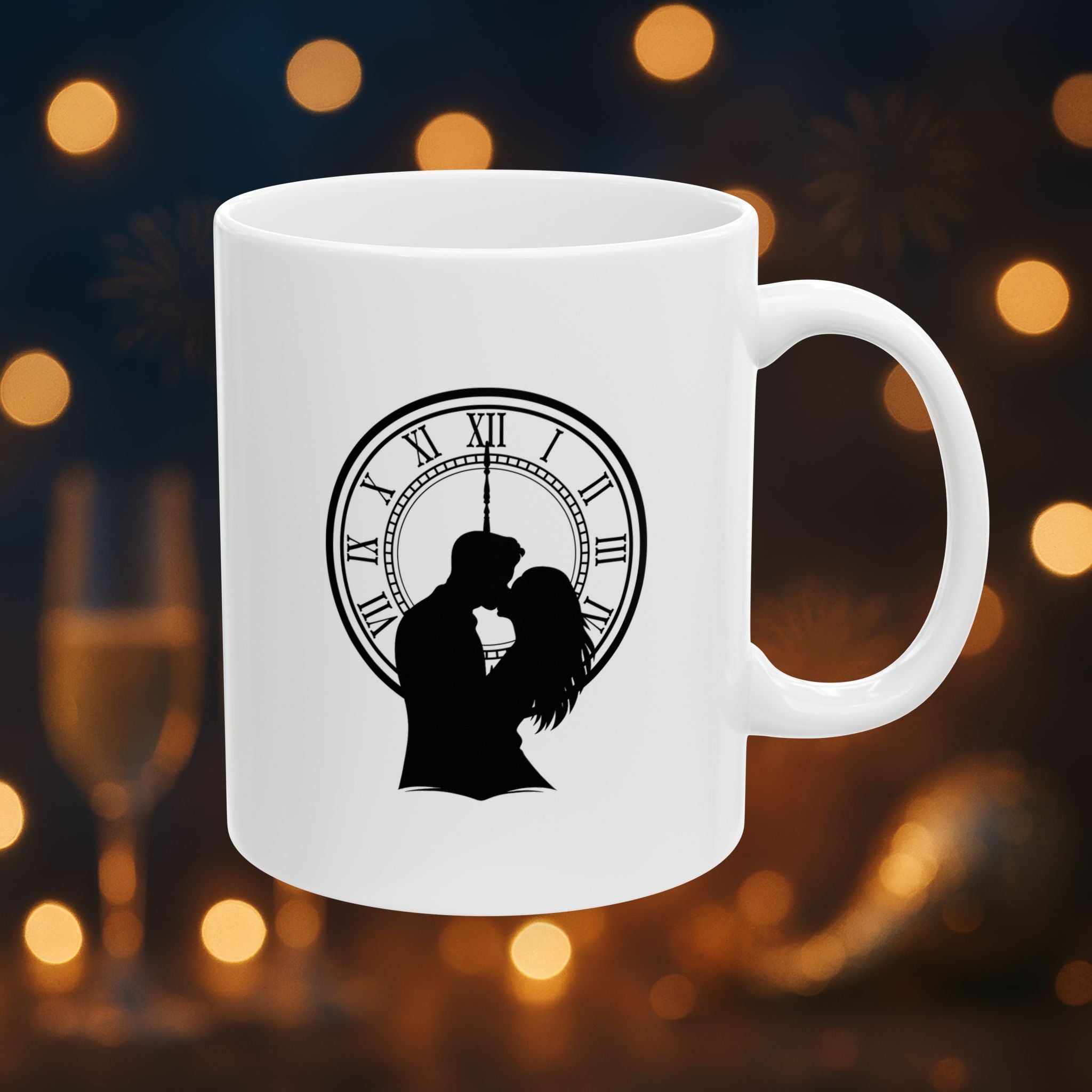 Midnight Kiss New Year’s Eve Coffee Mug – Romantic Clock Silhouette | 11oz & 15oz