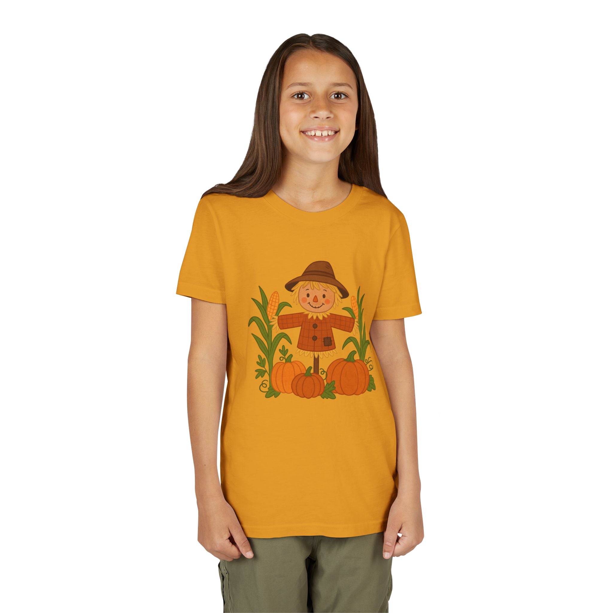 🍂 Cute Fall Scarecrow Kids T-Shirt – Autumn Pumpkins & Corn Patch Design