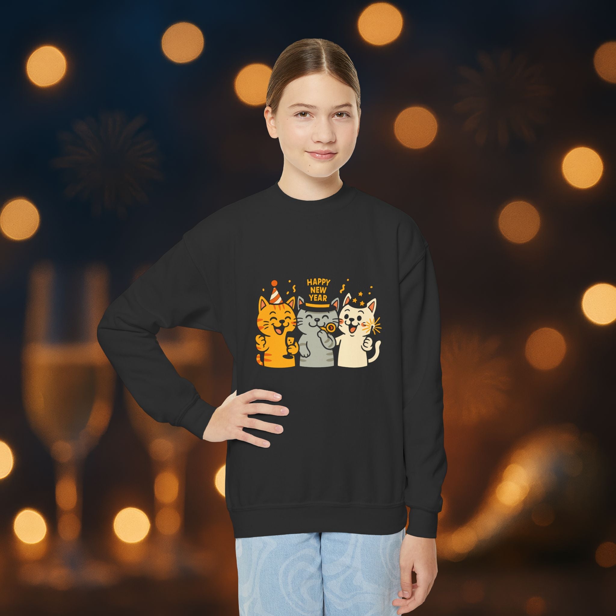 Happy New Year Cats Youth Crewneck Sweatshirt – Cute Party Cats Sweatshirt for Kids