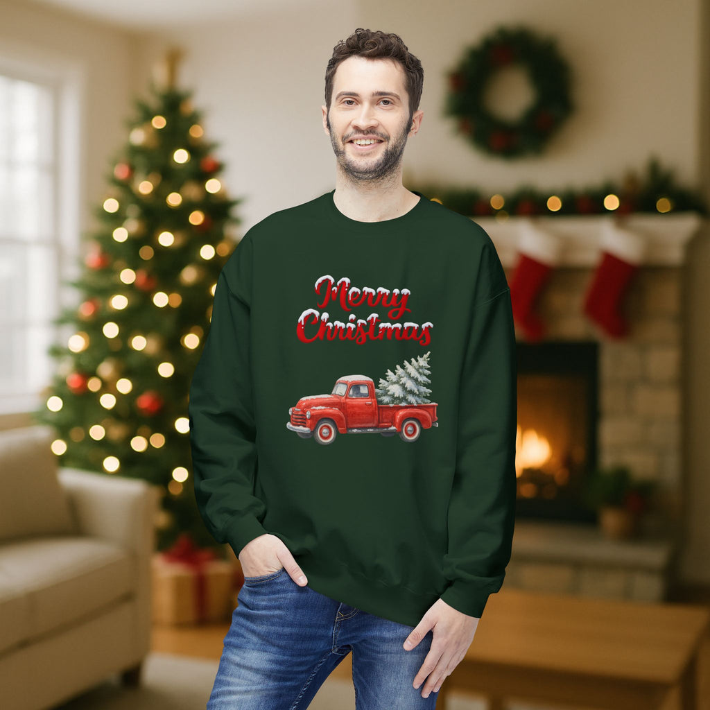 Merry Christmas Red Vintage Truck Sweatshirt – Cozy Holiday Crewneck with Christmas Tree Design