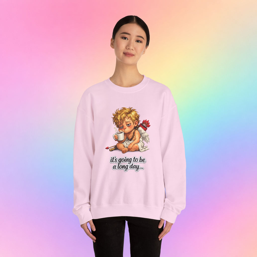 It’s Going to Be a Long Day Cupid Valentine’s Day Sweatshirt – Funny Coffee Angel Pullover
