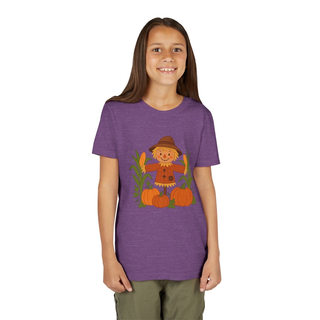 🍂 Cute Fall Scarecrow Kids T-Shirt – Autumn Pumpkins & Corn Patch Design