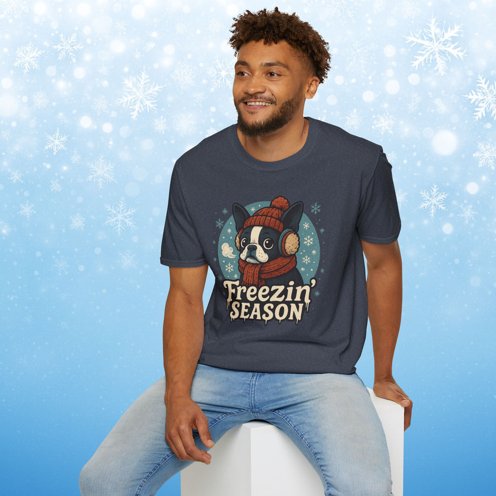 Freezin’ Season Boston Terrier Winter T-Shirt – Cute Dog Lover Tee, Cozy Holiday Graphic Shirt