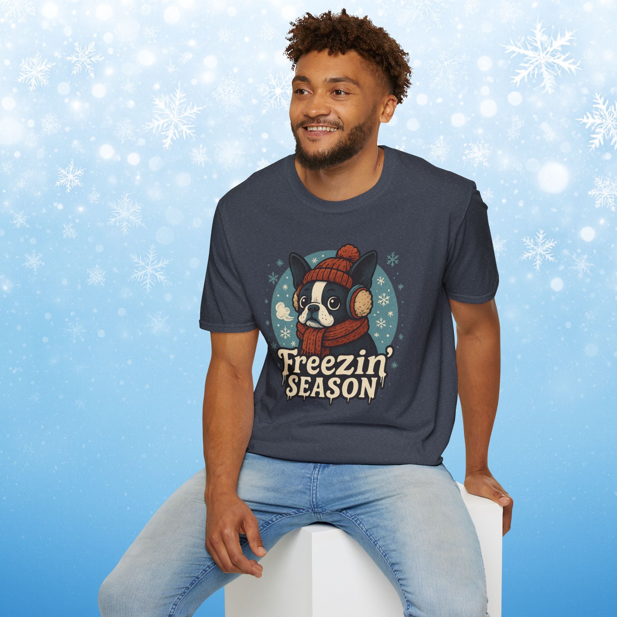 Freezin’ Season Boston Terrier Winter T-Shirt – Cute Dog Lover Tee, Cozy Holiday Graphic Shirt