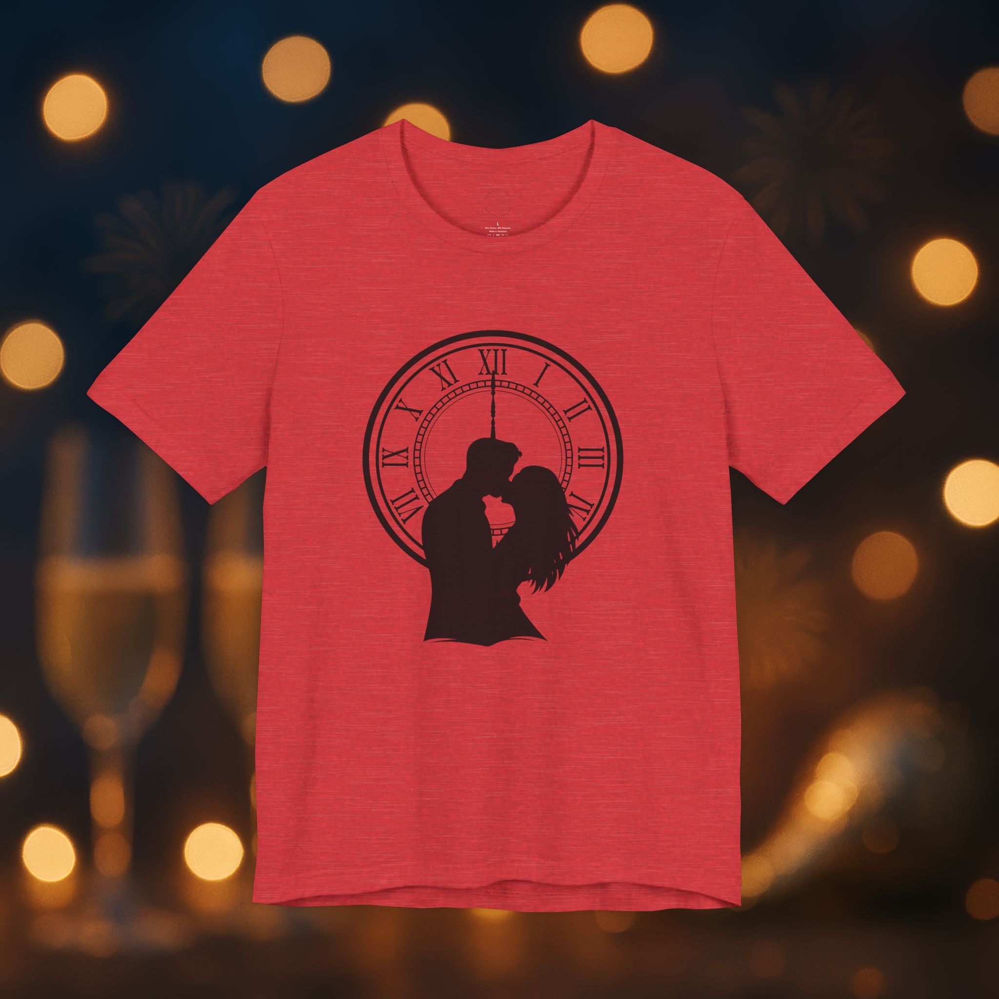 Midnight Kiss New Year’s Eve T-Shirt – Romantic Clock Silhouette Celebration Tee