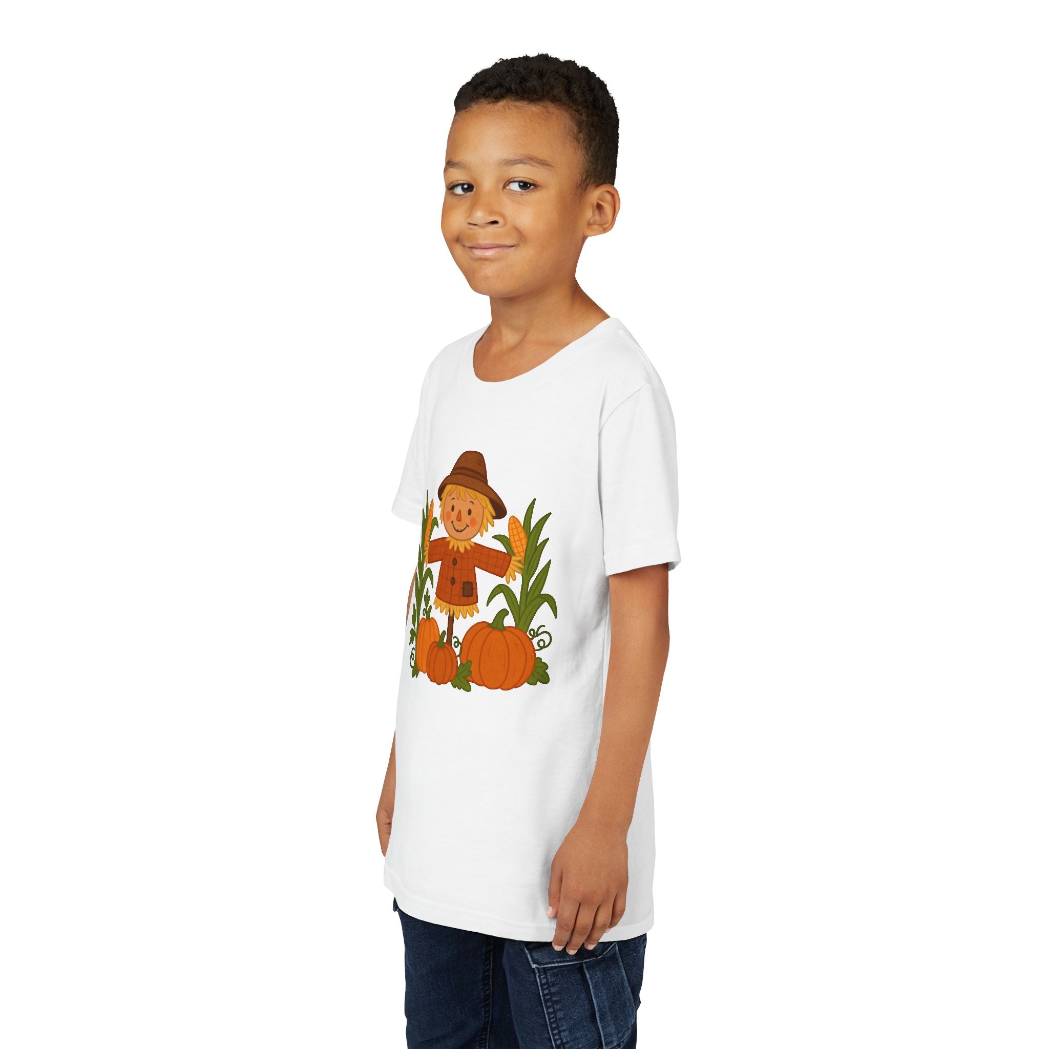 🍂 Cute Fall Scarecrow Kids T-Shirt – Autumn Pumpkins & Corn Patch Design