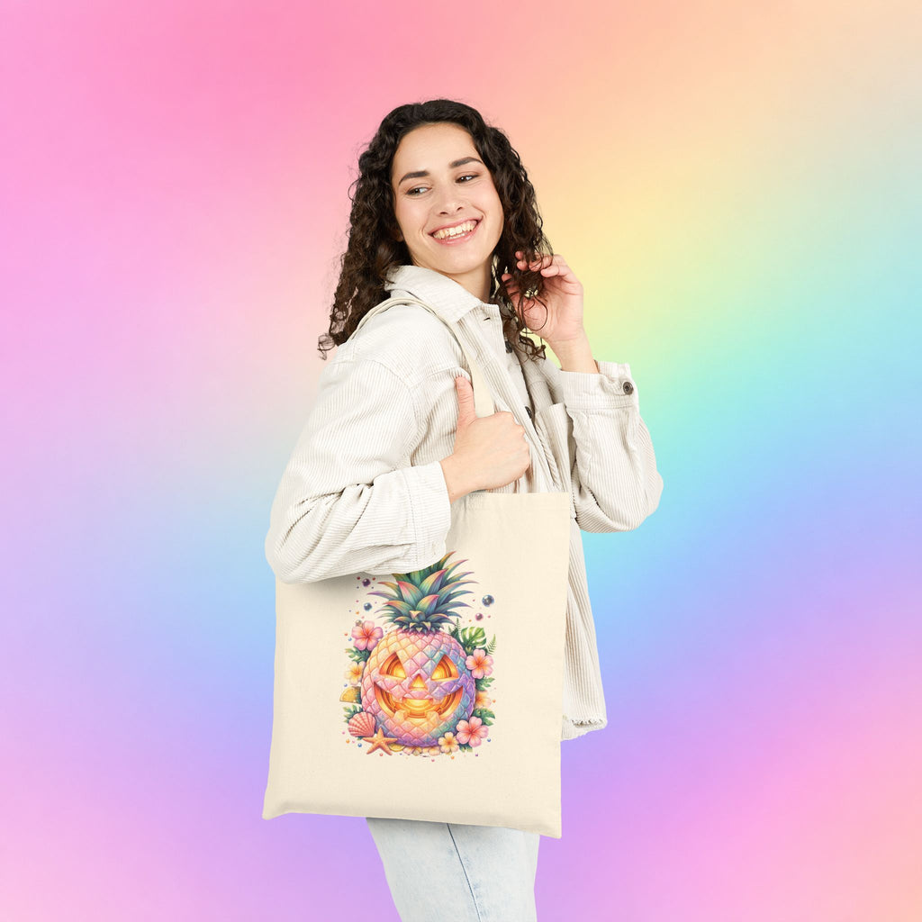 Summerween Pineapple Jack-O’-Lantern Canvas Tote Bag | Tropical Halloween Beach Bag