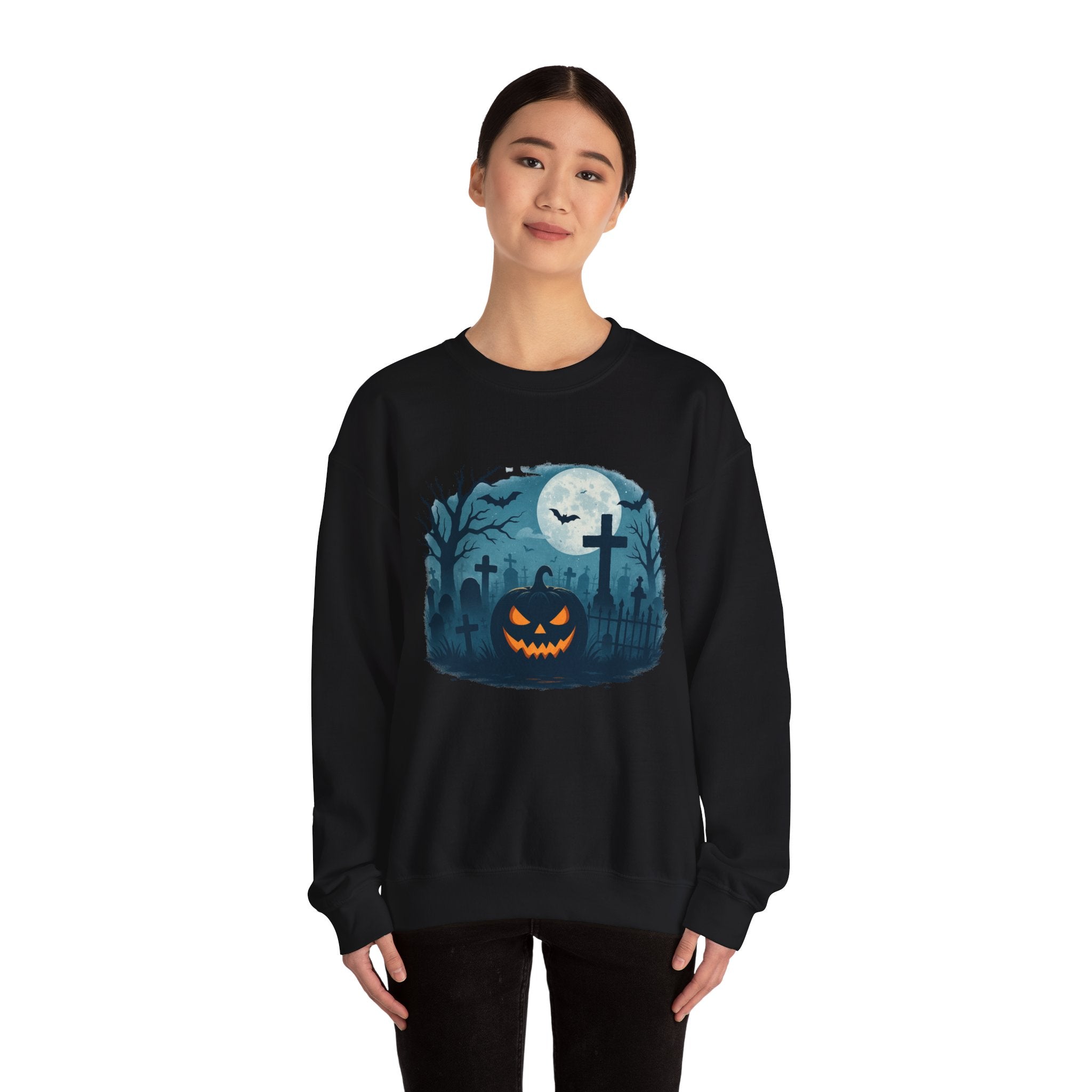 Spooky Graveyard Pumpkin Halloween Sweatshirt – Creepy Full Moon Design