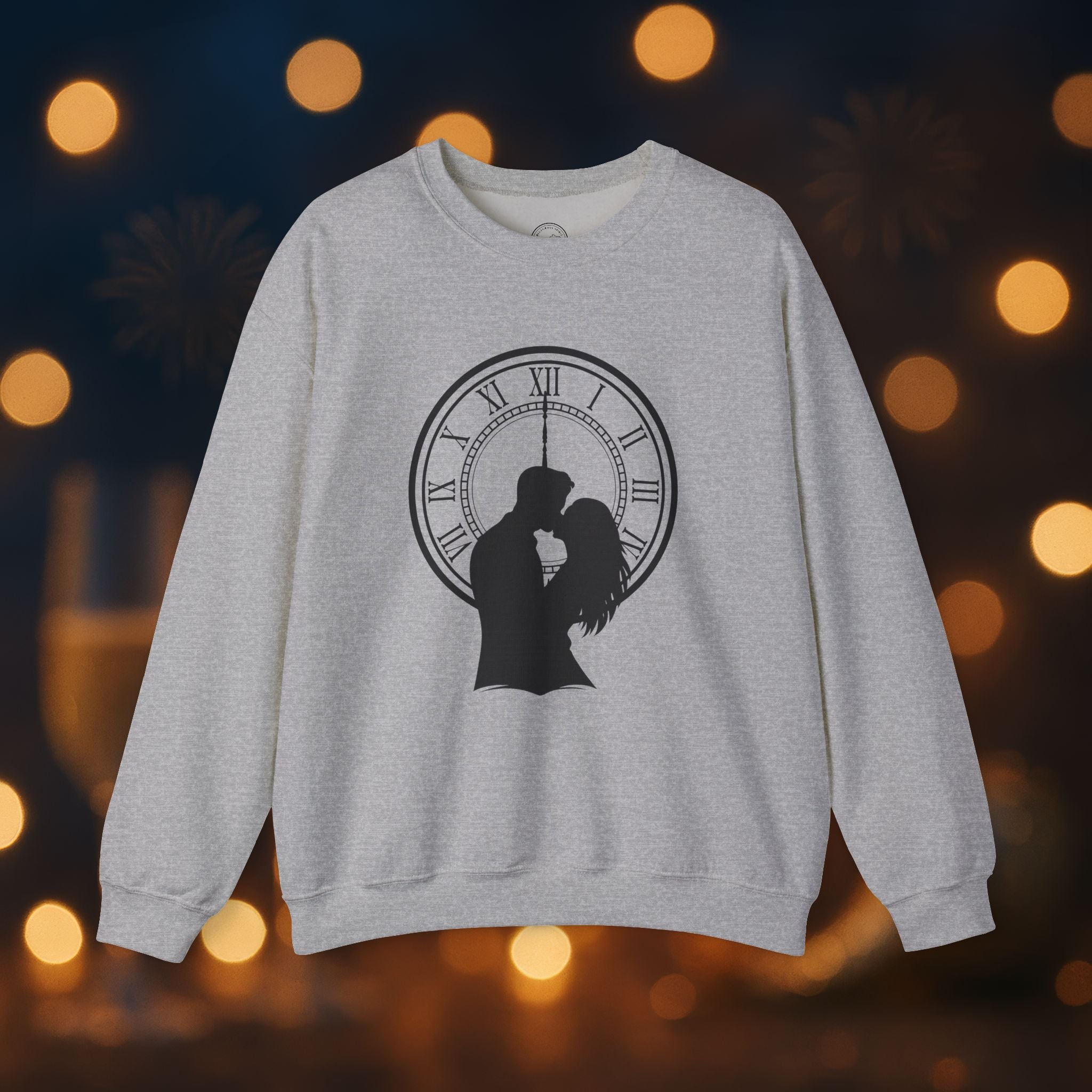 Midnight Kiss New Year’s Eve Sweatshirt – Romantic Clock Silhouette Celebration Crewneck