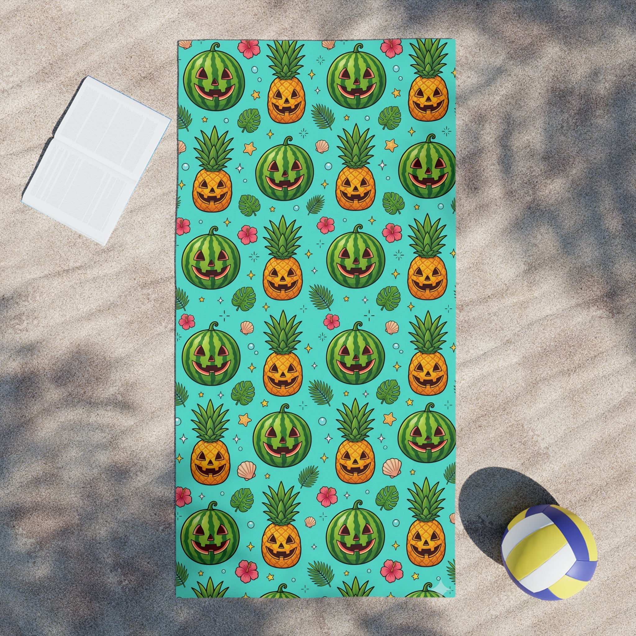 Summerween Beach Towel – Watermelon & Pineapple Jack-O’-Lantern Tropical Halloween Towel
