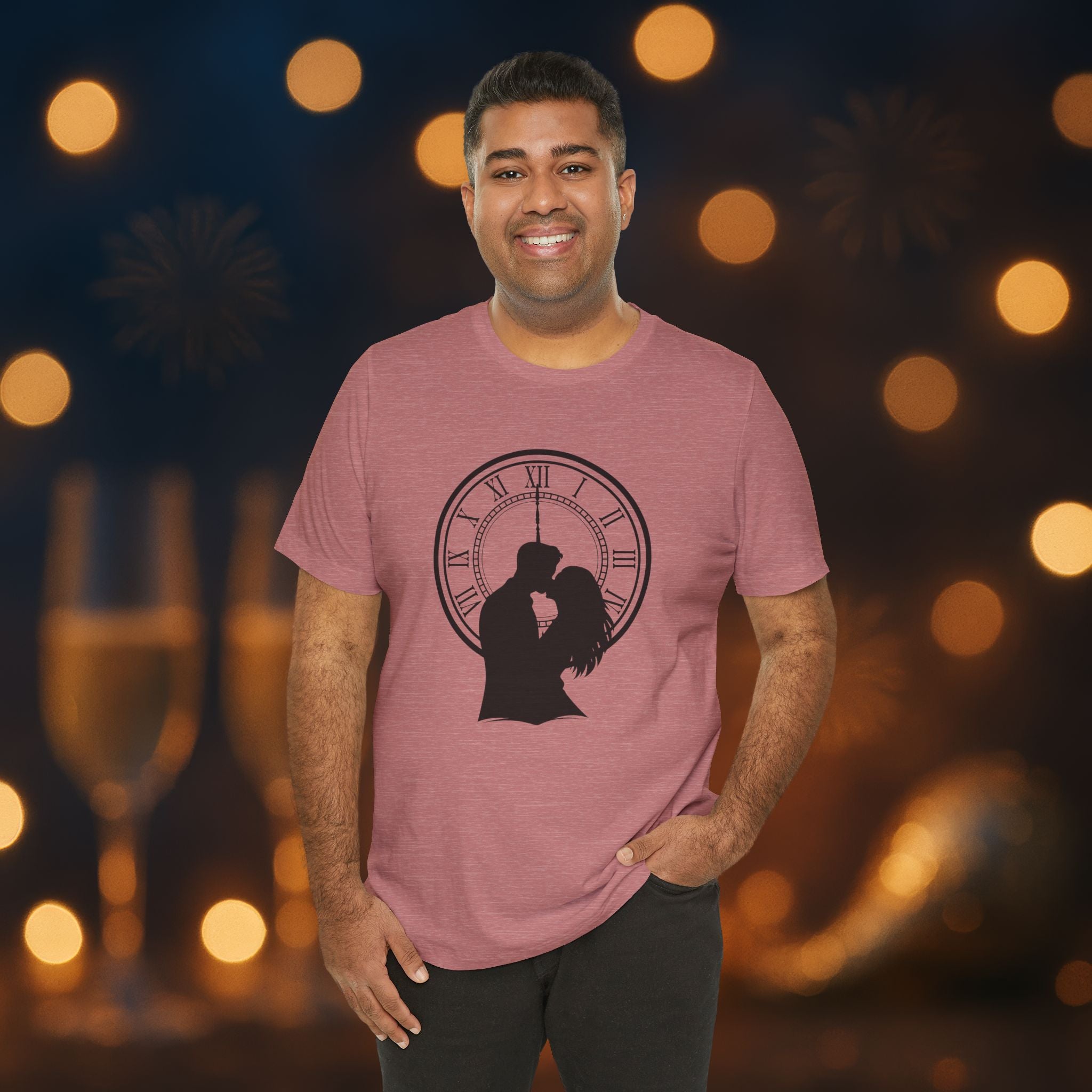 Midnight Kiss New Year’s Eve T-Shirt – Romantic Clock Silhouette Celebration Tee