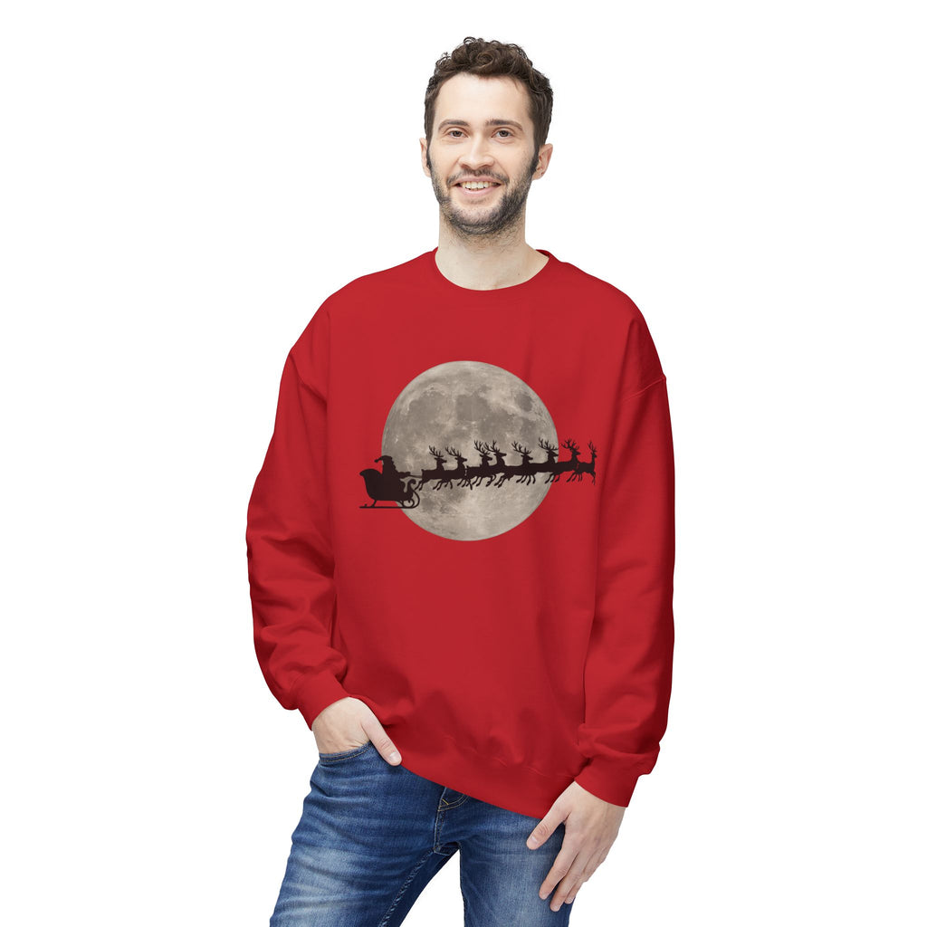 Silent Night Flight — Santa and Reindeer Full Moon Christmas Sweatshirt