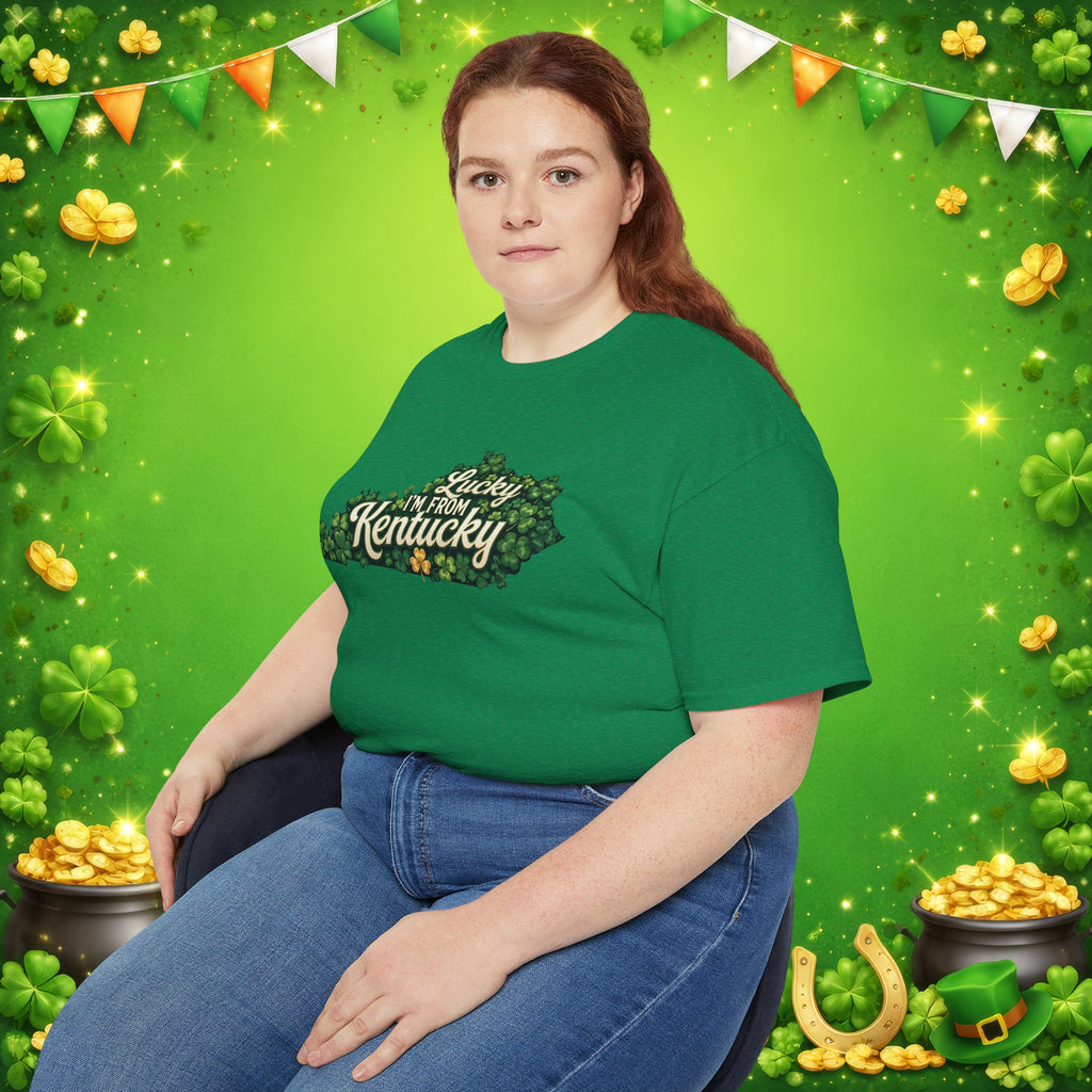 Lucky I’m From Kentucky T-Shirt – St. Patrick’s Day Shamrock Kentucky Shirt – Irish Bluegrass Pride Graphic Tee