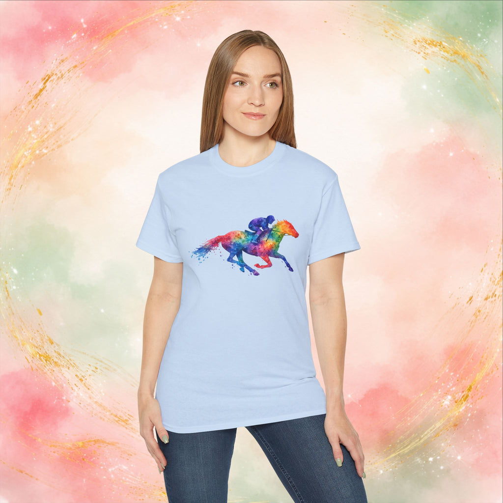 Kentucky Derby Watercolor Horse & Jockey T-Shirt | Colorful Race Day Graphic Tee