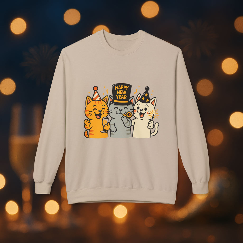 Happy New Year Cats Sweatshirt – Cute Party Cat Crewneck | New Year’s Eve Cat Lover Gift