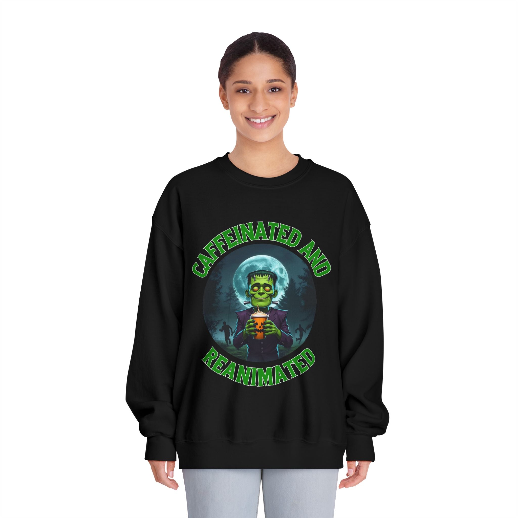 Caffeinated and Reanimated Frankenstein Halloween Sweatshirt (Unisex)