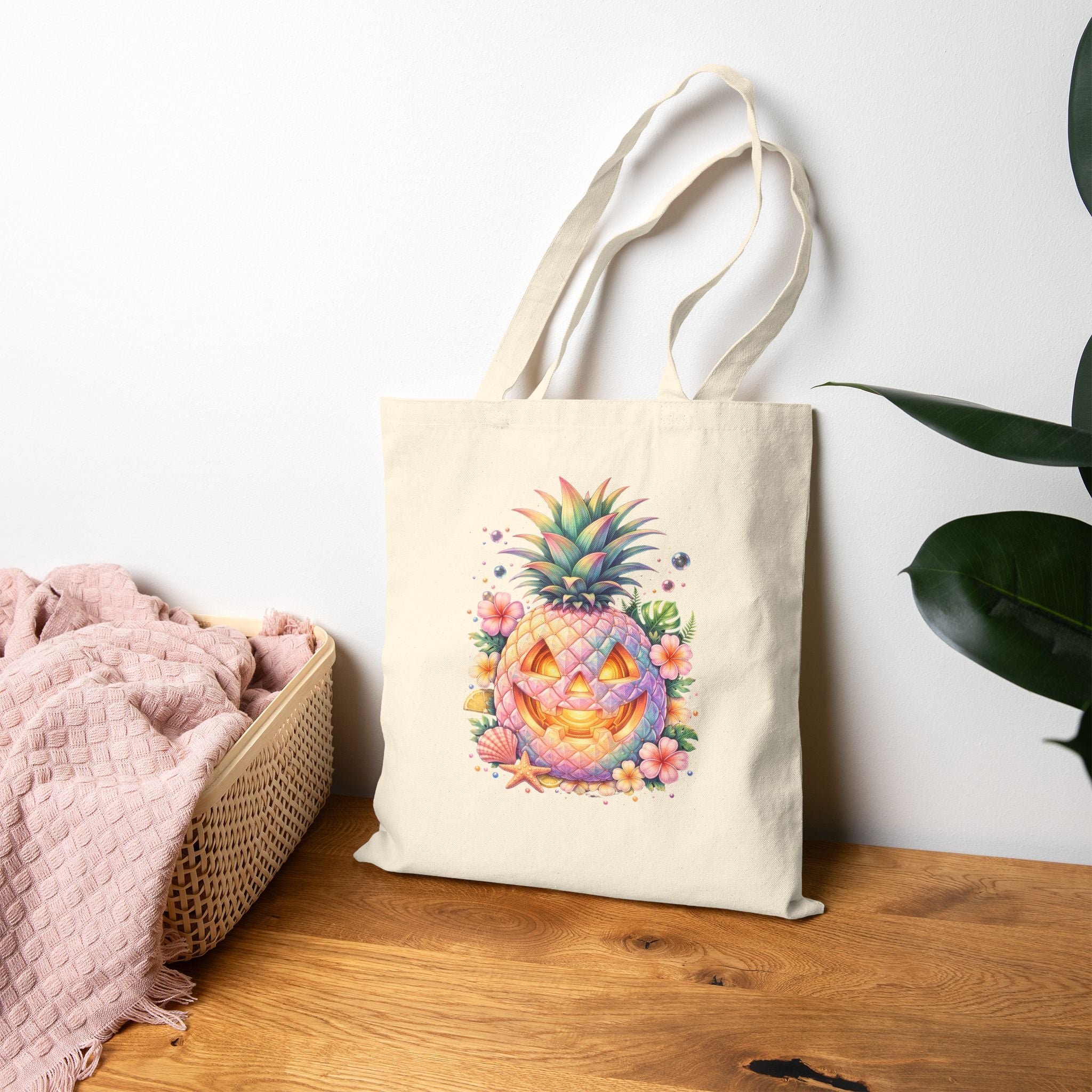 Summerween Pineapple Jack-O’-Lantern Canvas Tote Bag | Tropical Halloween Beach Bag